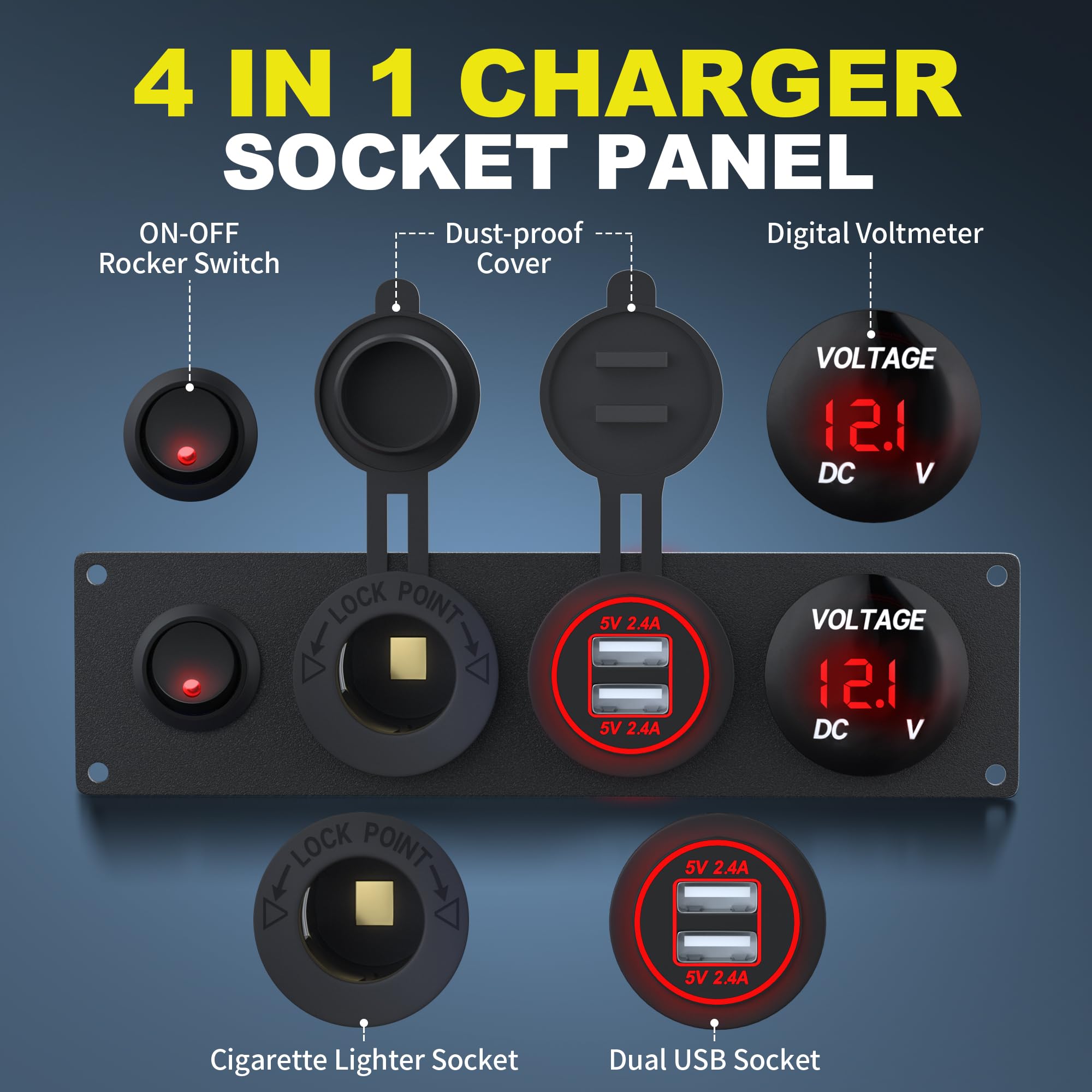 RVMARINEPAT 4 in 1 12V USB Panel with LED Voltmete & Dual USB Charger Socket Power & Cigarette Lighter Socket & Red LED Lighted