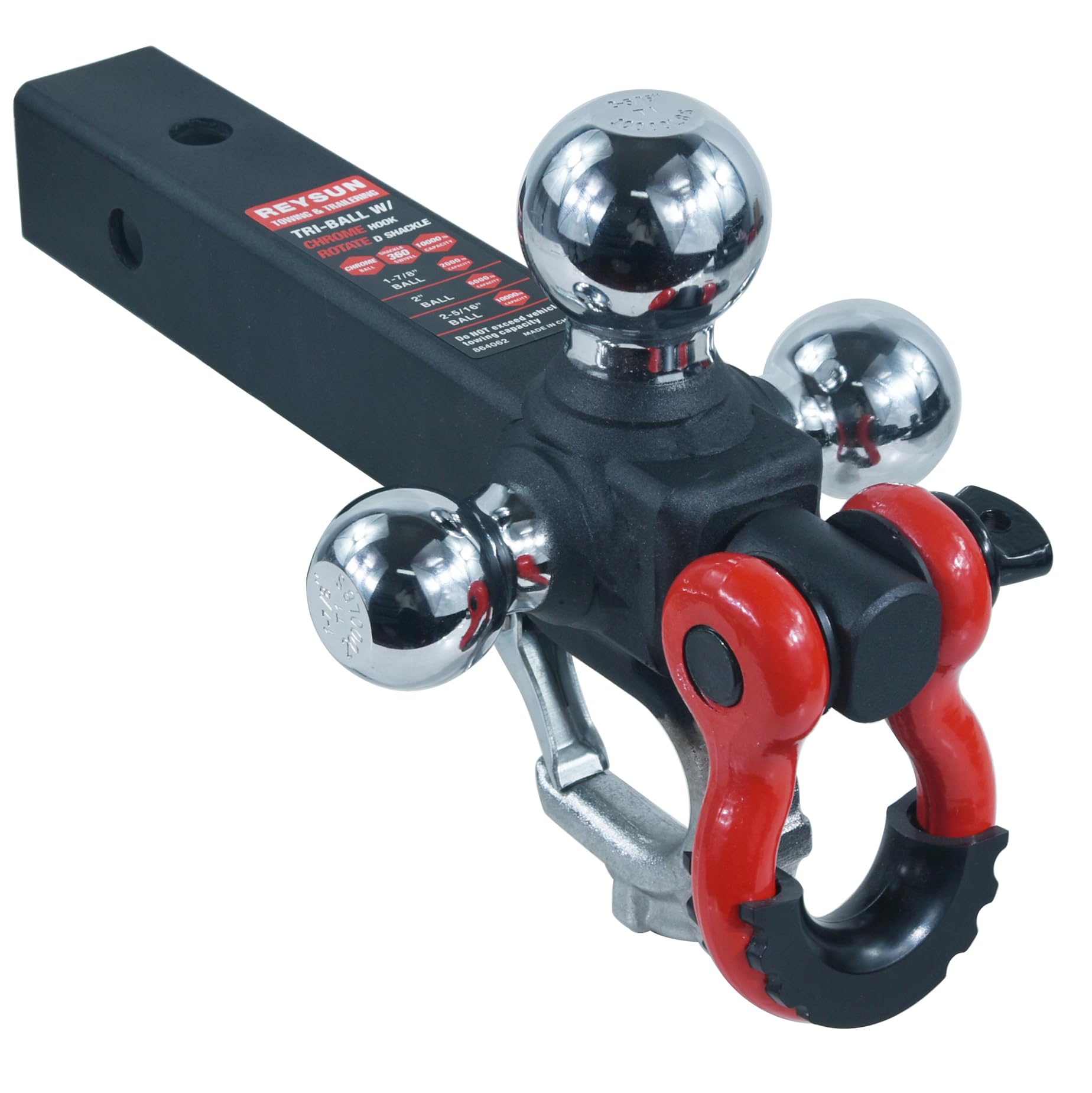 REYSUN Trailer Hitch Tri-Ball Hitch with Rotatoble Tow Shackle and Tow Hook, fits for 2-inch Receiver, Chrome Trailer Ball