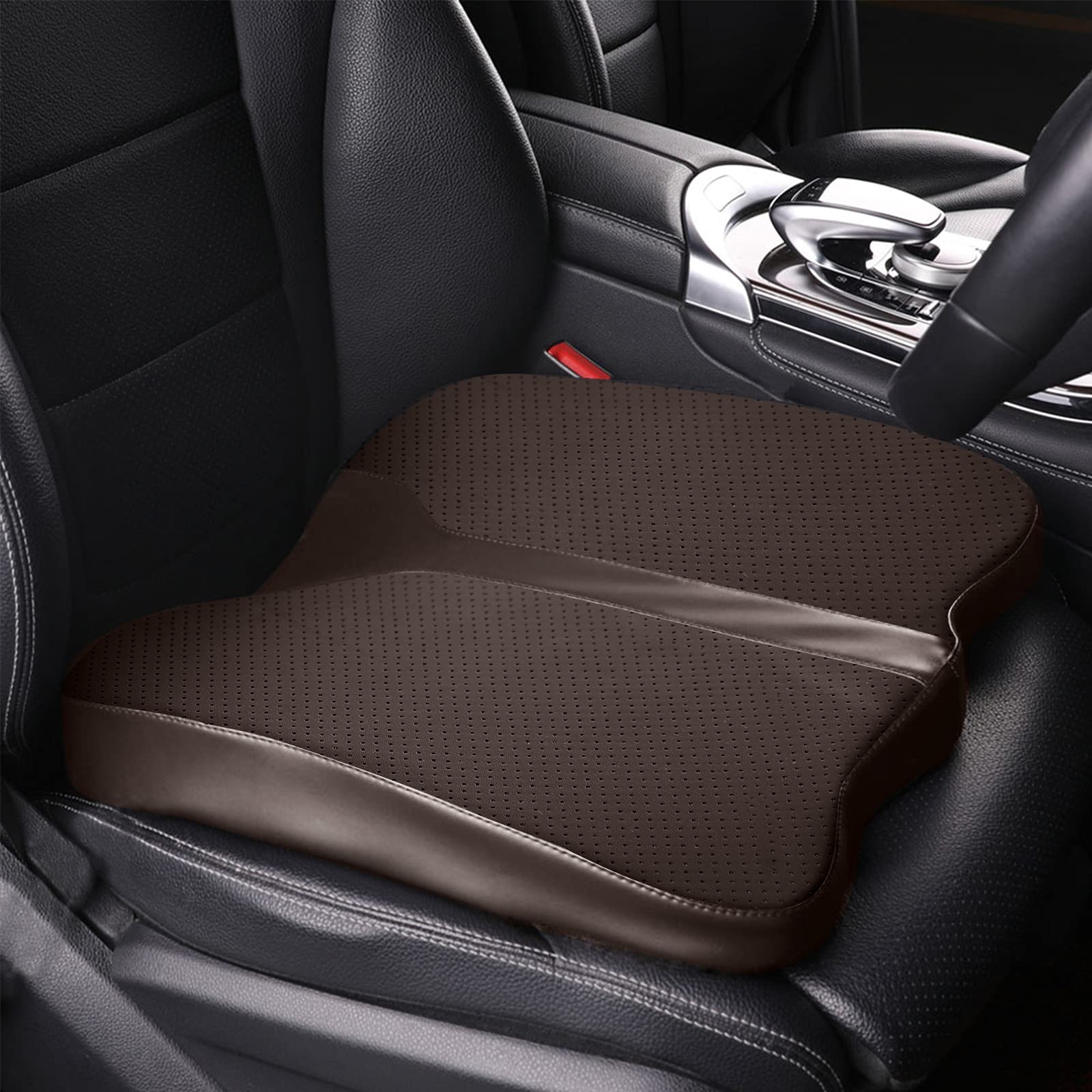 LARROUS Memory Foam Car Seat Cushion - Tailbone Pain Relief Pad, Large, Brown Faux Leather, Model mslbr1