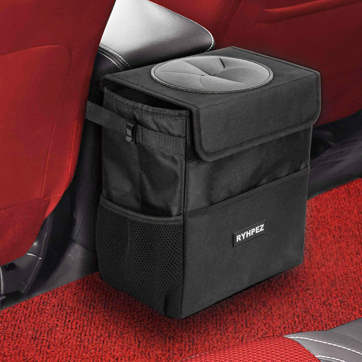 Ryhpez Car Trash Can With Lid - Car Trash Bag Hanging With Storage Pockets, Leak-Proof Collapsible Garbage Bin For Car(3.2 Gallo