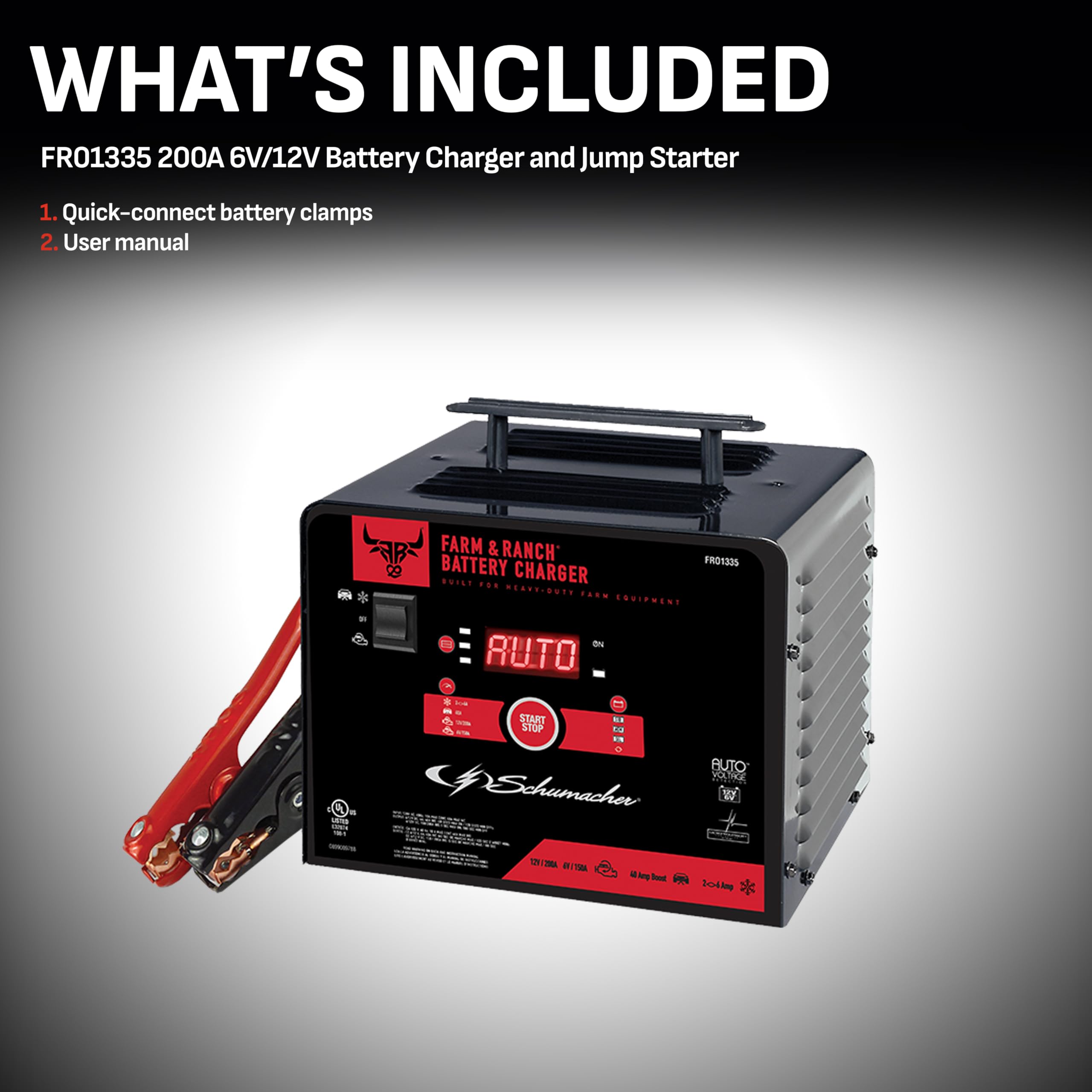 Schumacher Battery Charger & Engine Starter - 150/200 Amp, 6V/12V, Black, Model FR01335, for Cars, Trucks, SUVs, RVs, & Farm Equipment