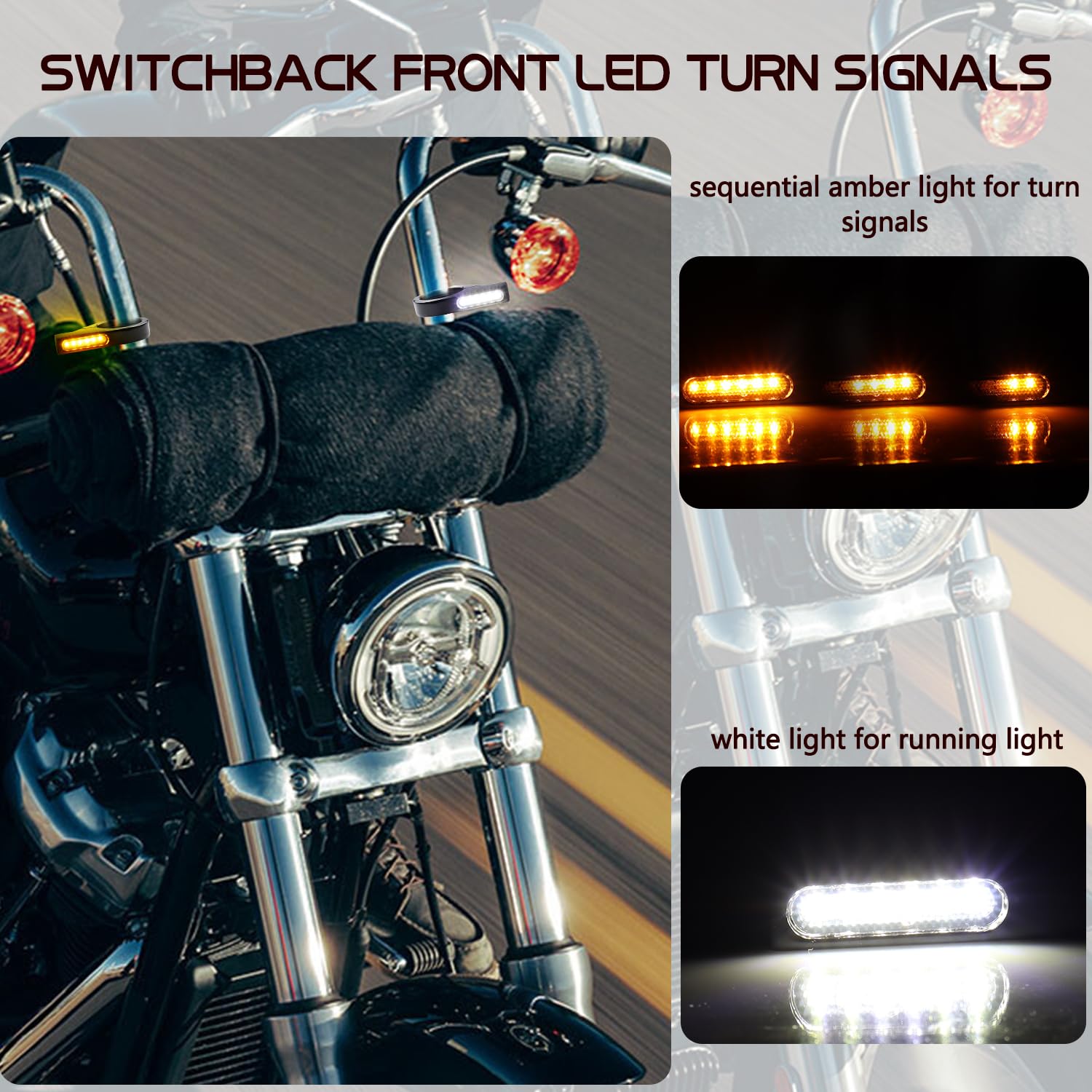 MotoParAcc Switchback Sequential Front Fork LED Turn Signals with Relocation Kit, Motorcycle Running Lights for 39-41mm Front Mo