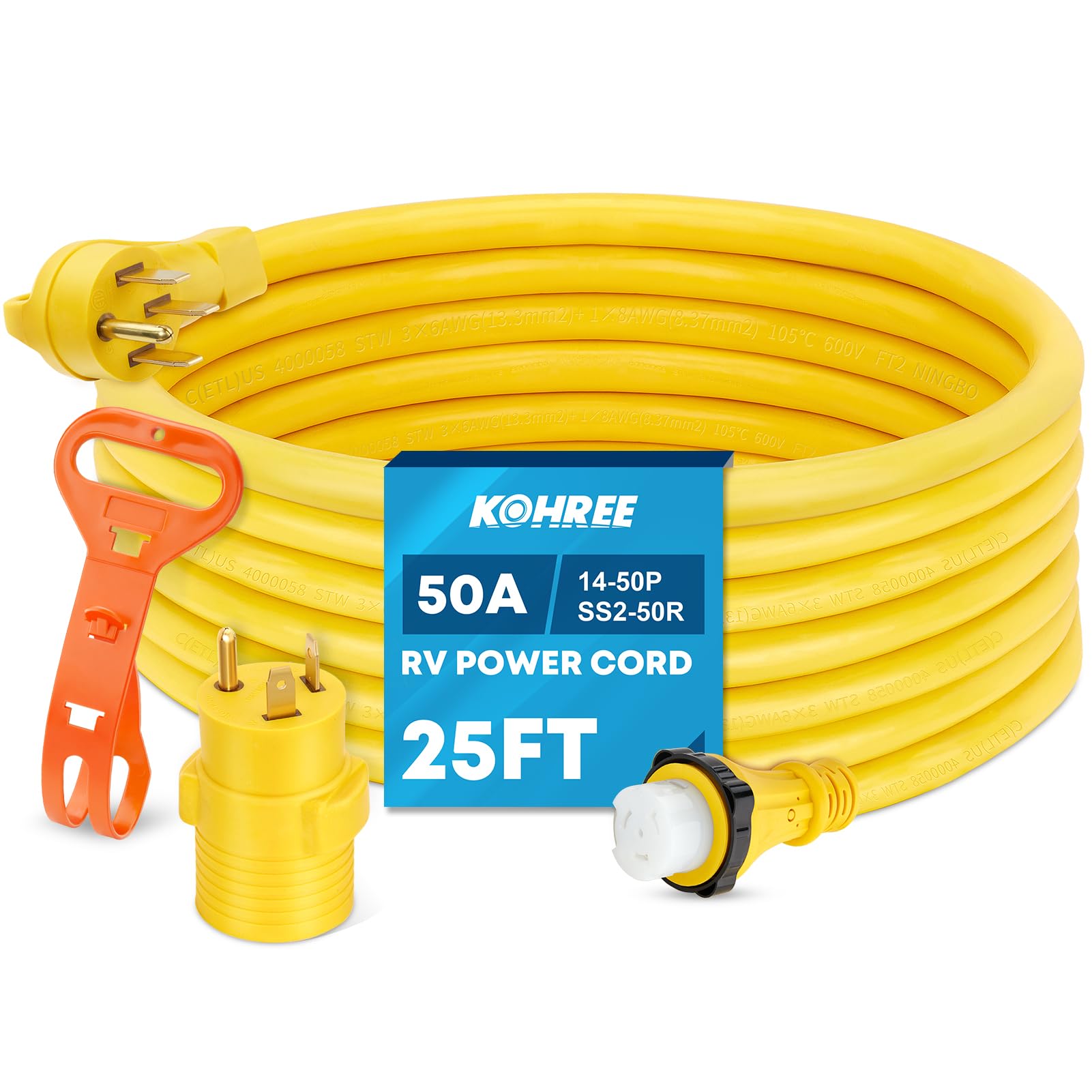 Kohree 50 Amp Rv Extension Cord 25Ft Heavy Duty Generator Cord, 50 Amp Rv Power Cord With Grip Handle, Nema 14-50P To Ss2-50R Tw
