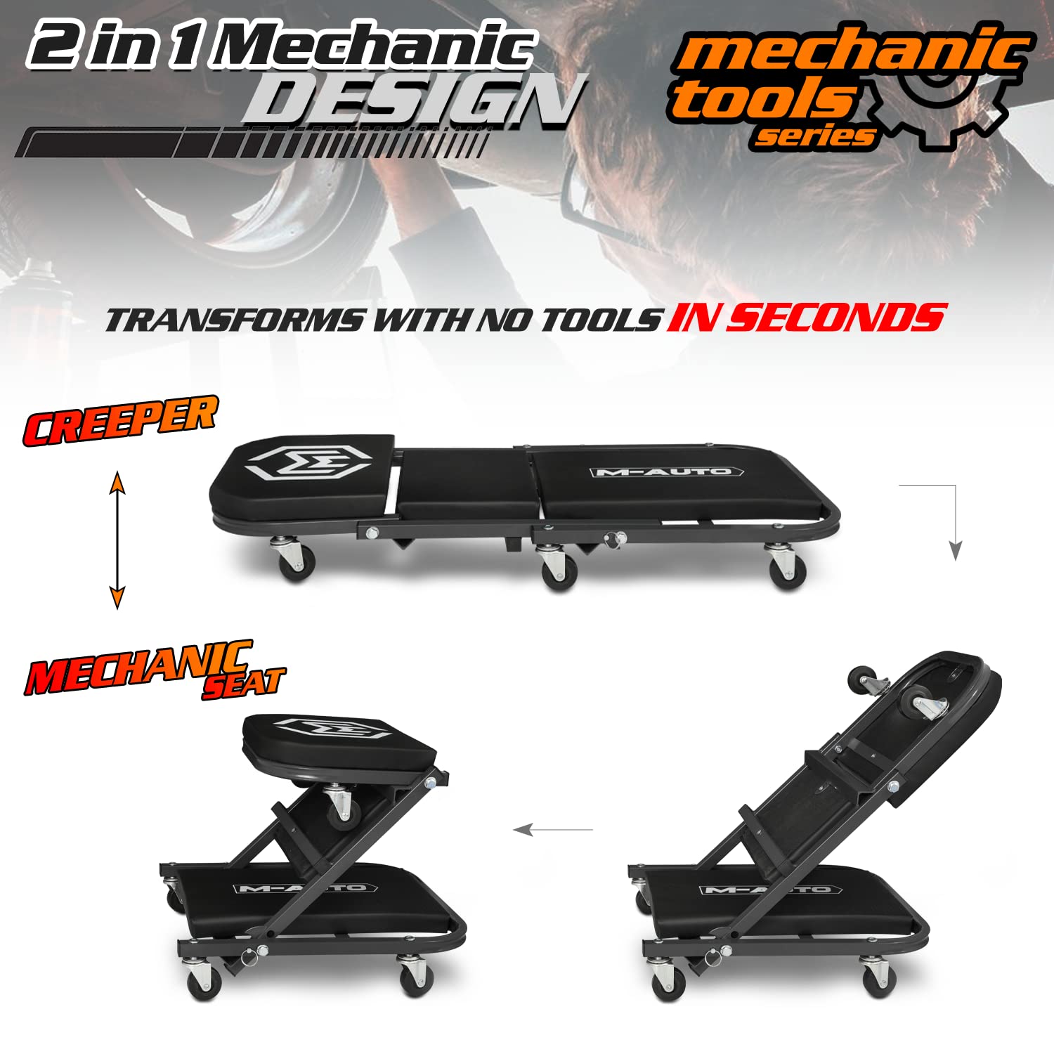 M-Auto Foldable Z Creeper 2-In-1 Rolling Folding Car Creeper & Seat, 36'' Adjustable Roller Garage Chair Lay Down Or Sit, 330Lbs