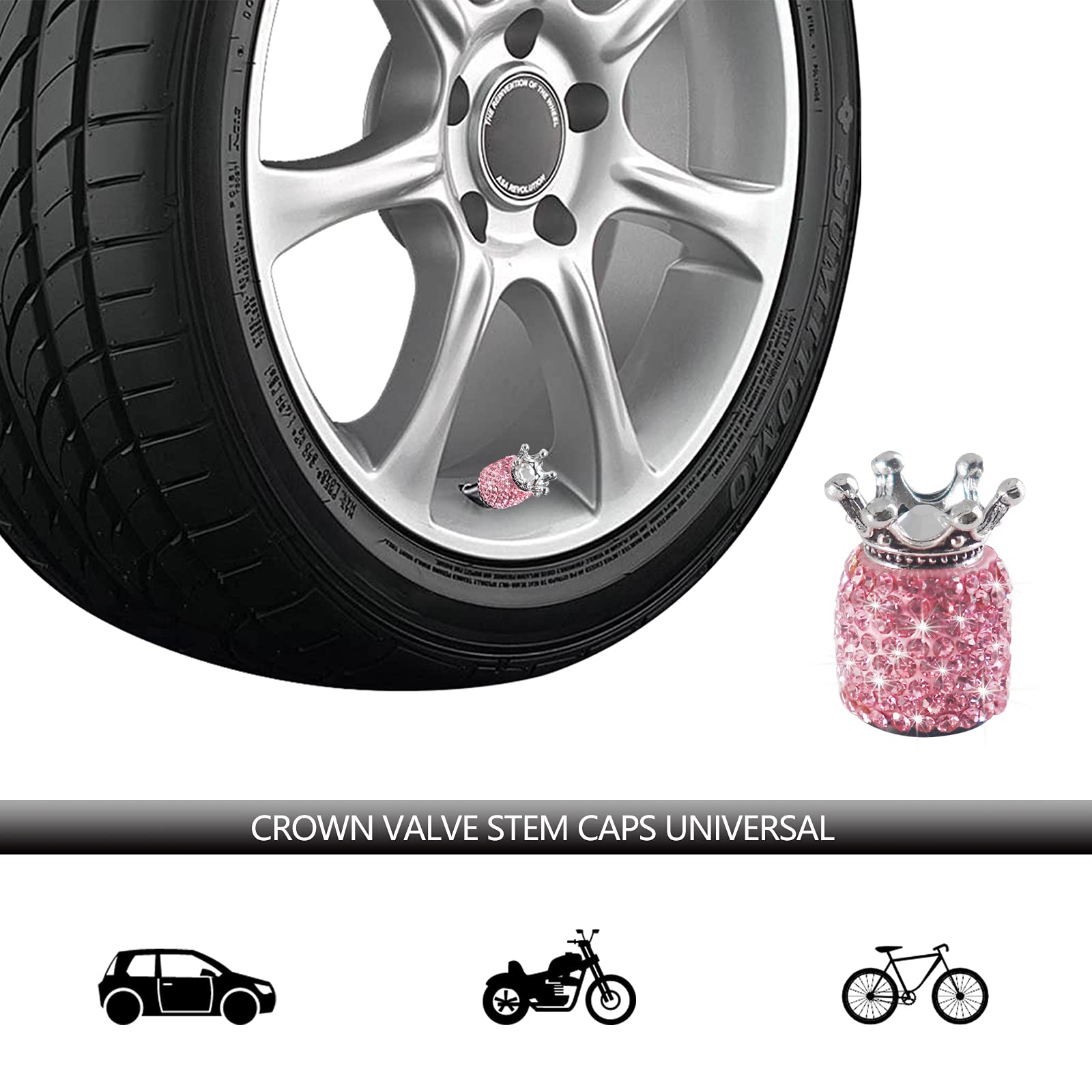 Sikawai Crown Bling Valve Stem Caps Tire Caps Sparkling Handmade Crystal Rhinestone Universal Car Tire Valve Caps Chrome,Attract