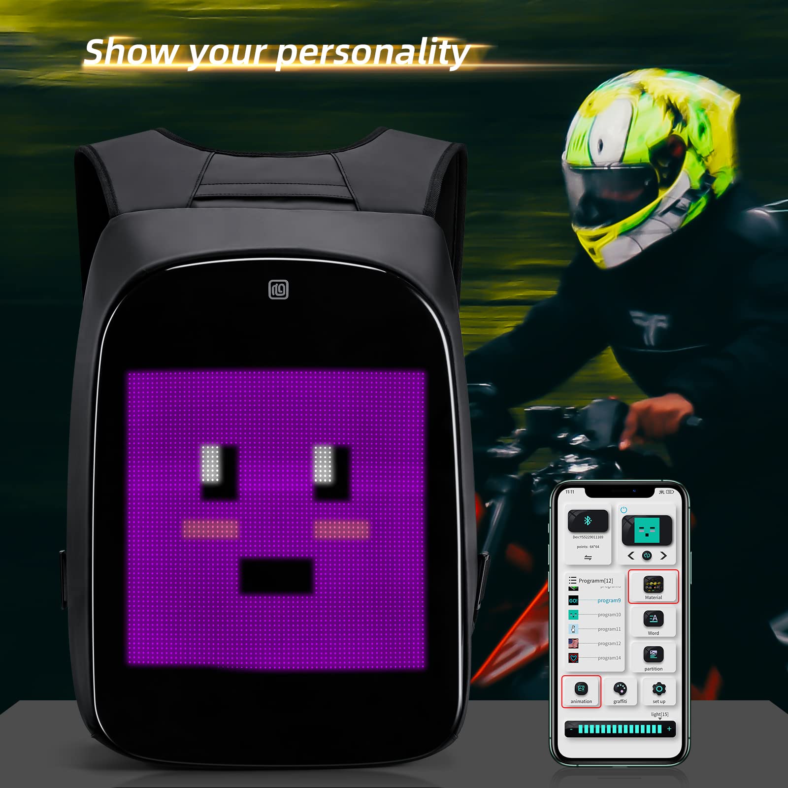 Gelrova LED Motorcycle Helmet Backpack, 17" Pixel Art Display, Large, Black, Oxford Cloth, Model KWQ-43, Unique Gift for Men/Women
