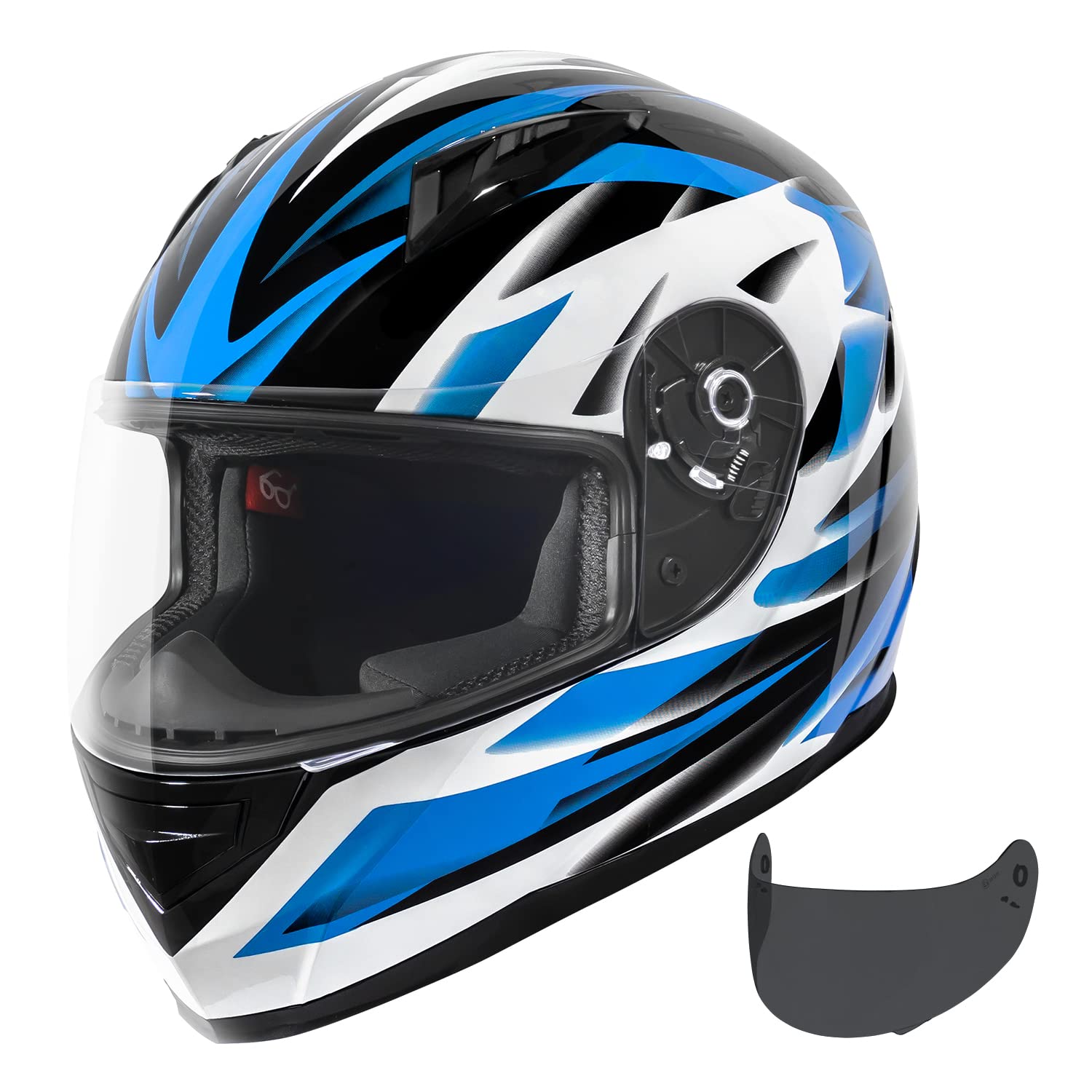 Vcan Vx Lightweight Full Face Motorcycle Street Bike Helmet With Extra Tinted Visor Dot Approved (Gloss Black Stream Blue, Small