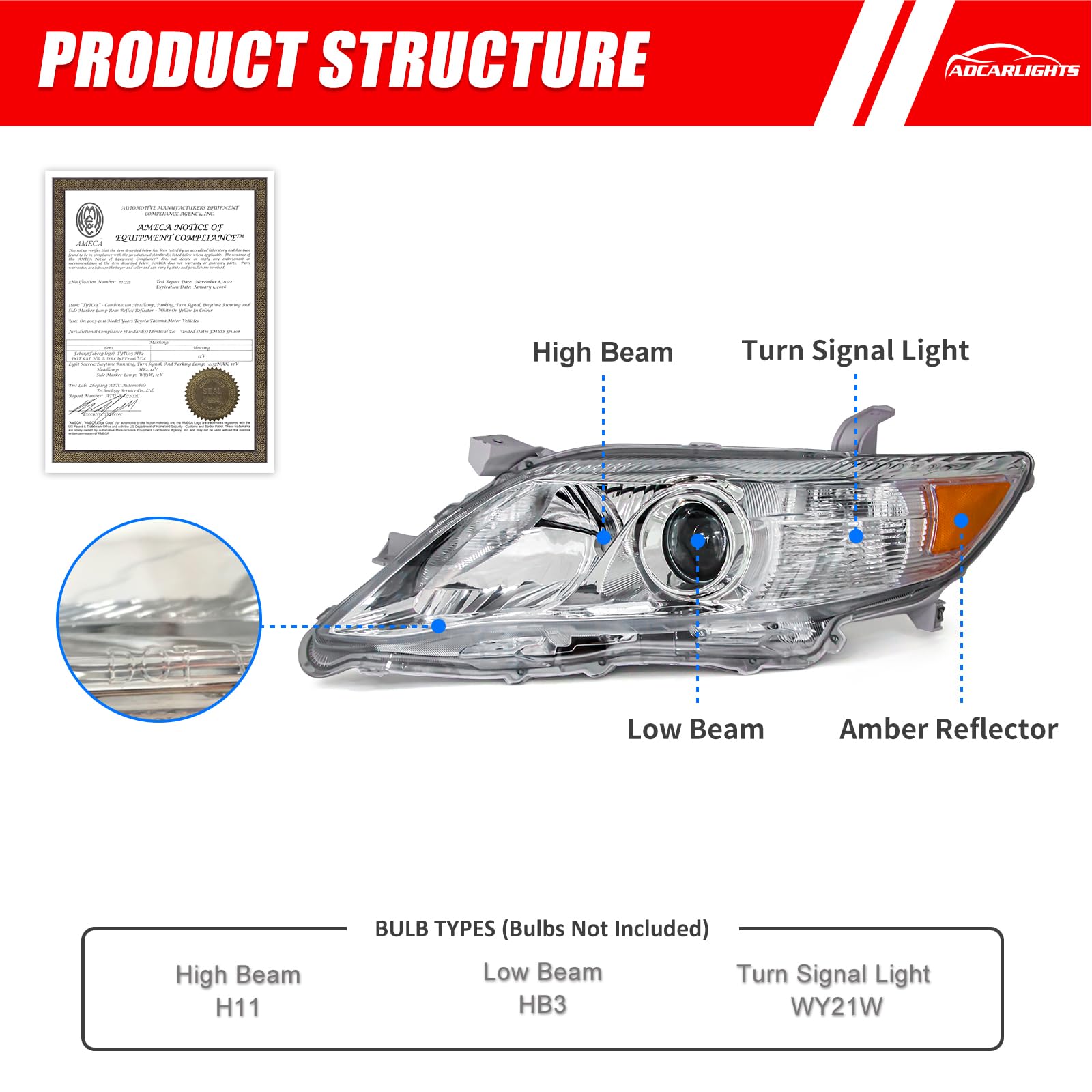 ADCARLIGHTS Compatible with 2010 2011 Toyota Camry Headlights Chrome Housing Amber Reflector Clear Lens Driver and Passenger Sid