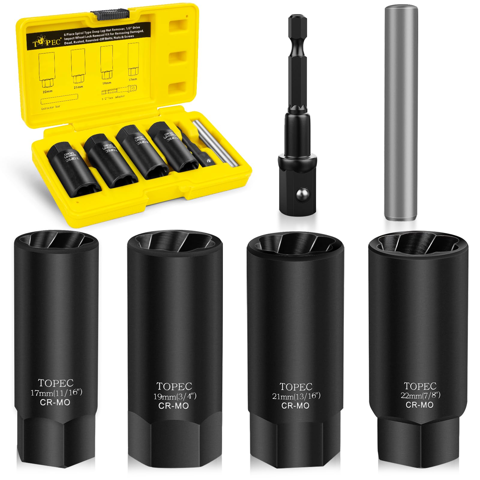 Topec 6PCS Deep Lug Nut Removal Tool, 1/2'' Drive Lug Nut Extractor Set, 17-22mm Wheel Lock Removal Kit, Spark Plug Extractor So