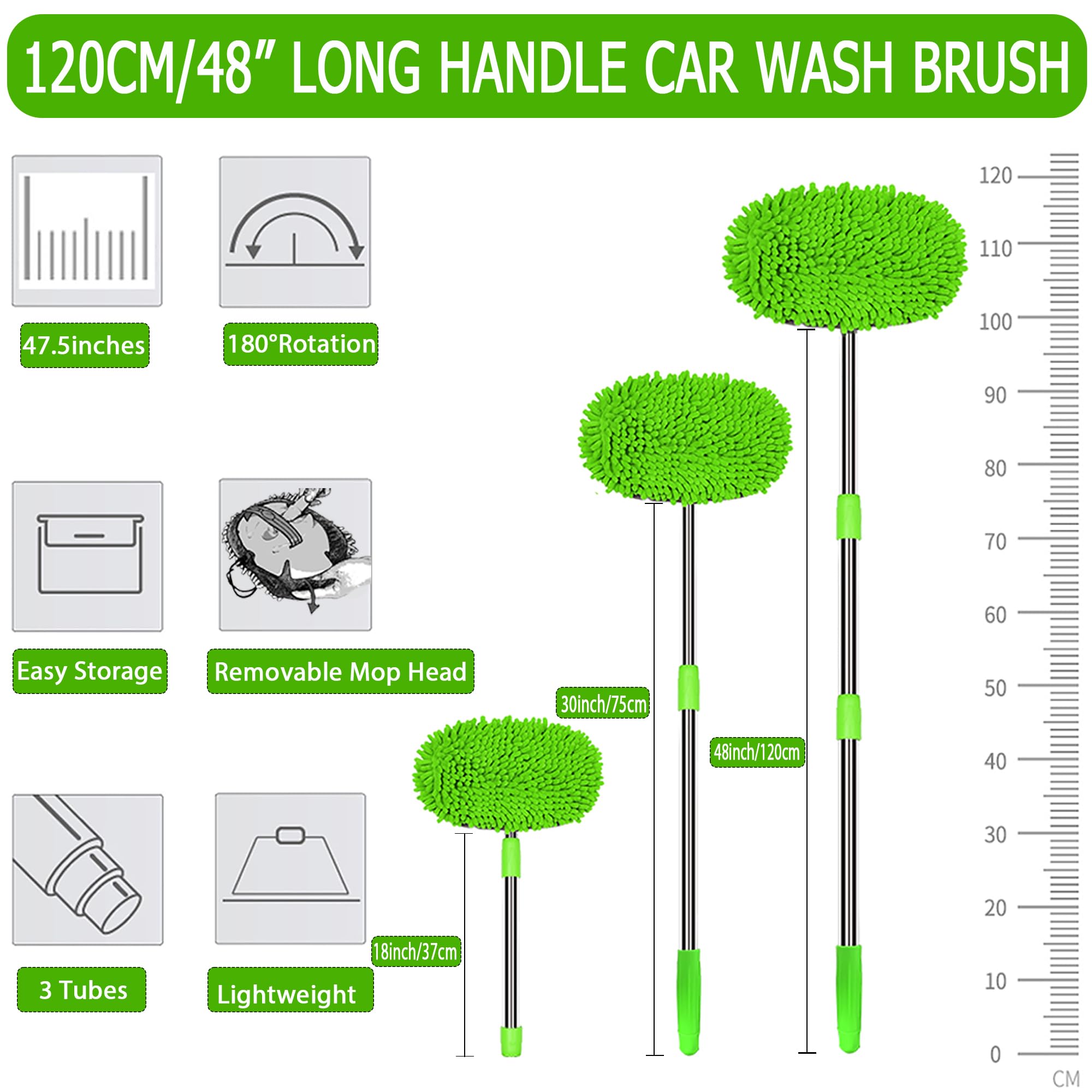 WillingHeart 47.5" Car Wash Brush Mop - 2 in 1 Chenille Microfiber, Scratch-Free, Green, Ideal for Cars, Trucks, SUVs, RVs, Boats