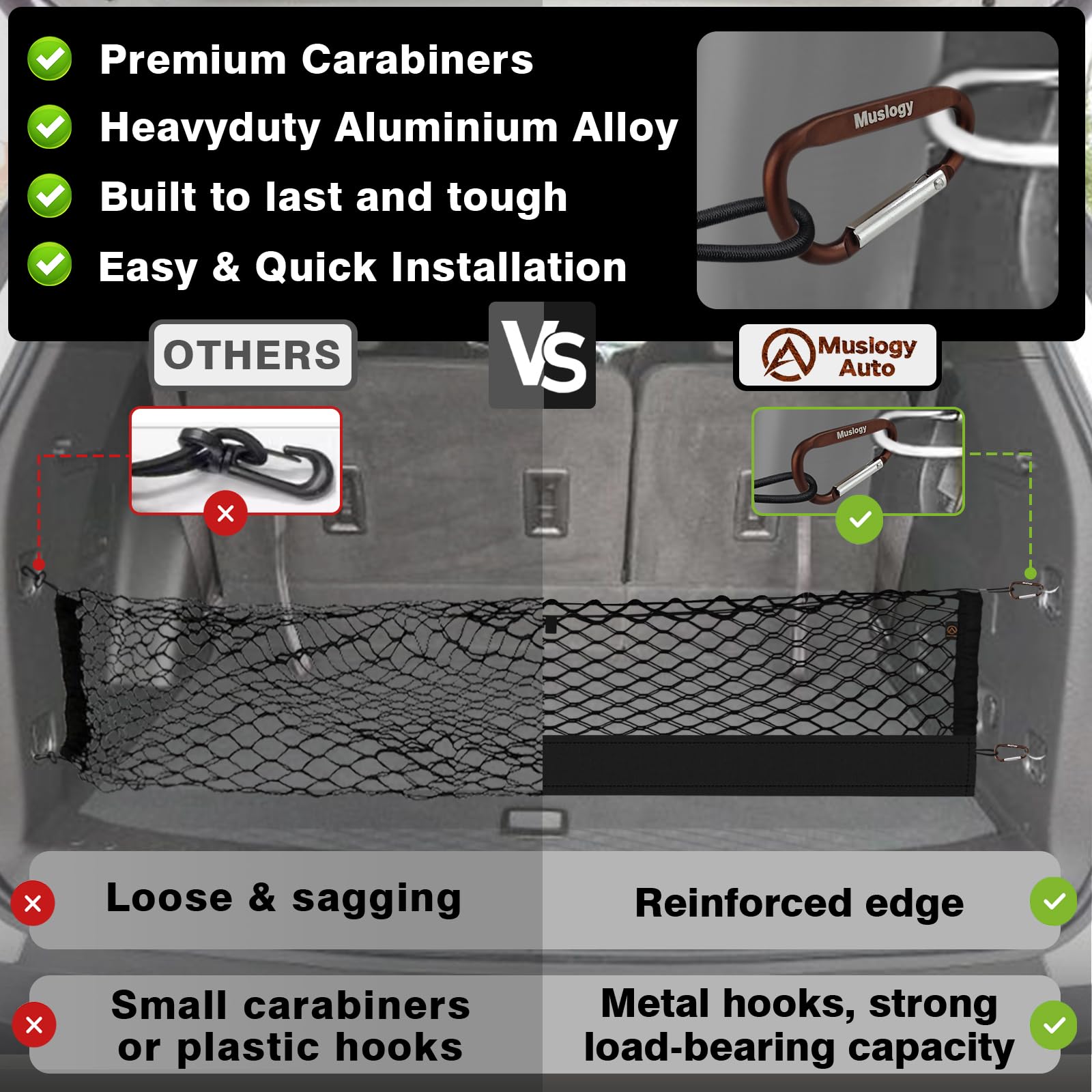Muslogy Trunk Cargo Net for 2018-2023 Chevy Traverse - Black Mesh Organizer with Metal Hooks