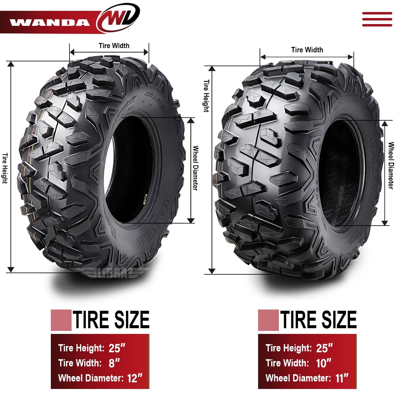 Wanda 25X8-12 & 25X10-11 Utv Atv Tires 6-Ply Full Set Bighorn Style Solid Tread