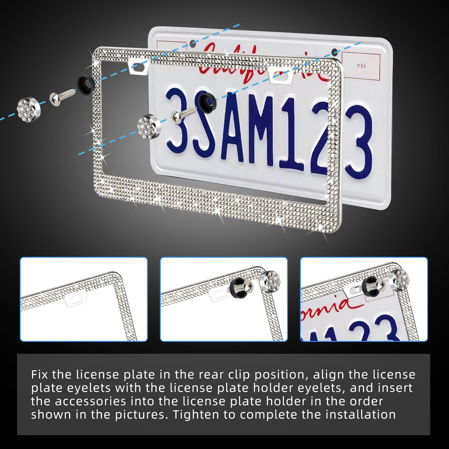 OKLPF 2 Pack White Bling License Plate Frames, Sparkly Diamond Design, Includes Screw Cap and Washer, Suitable for Men and Women