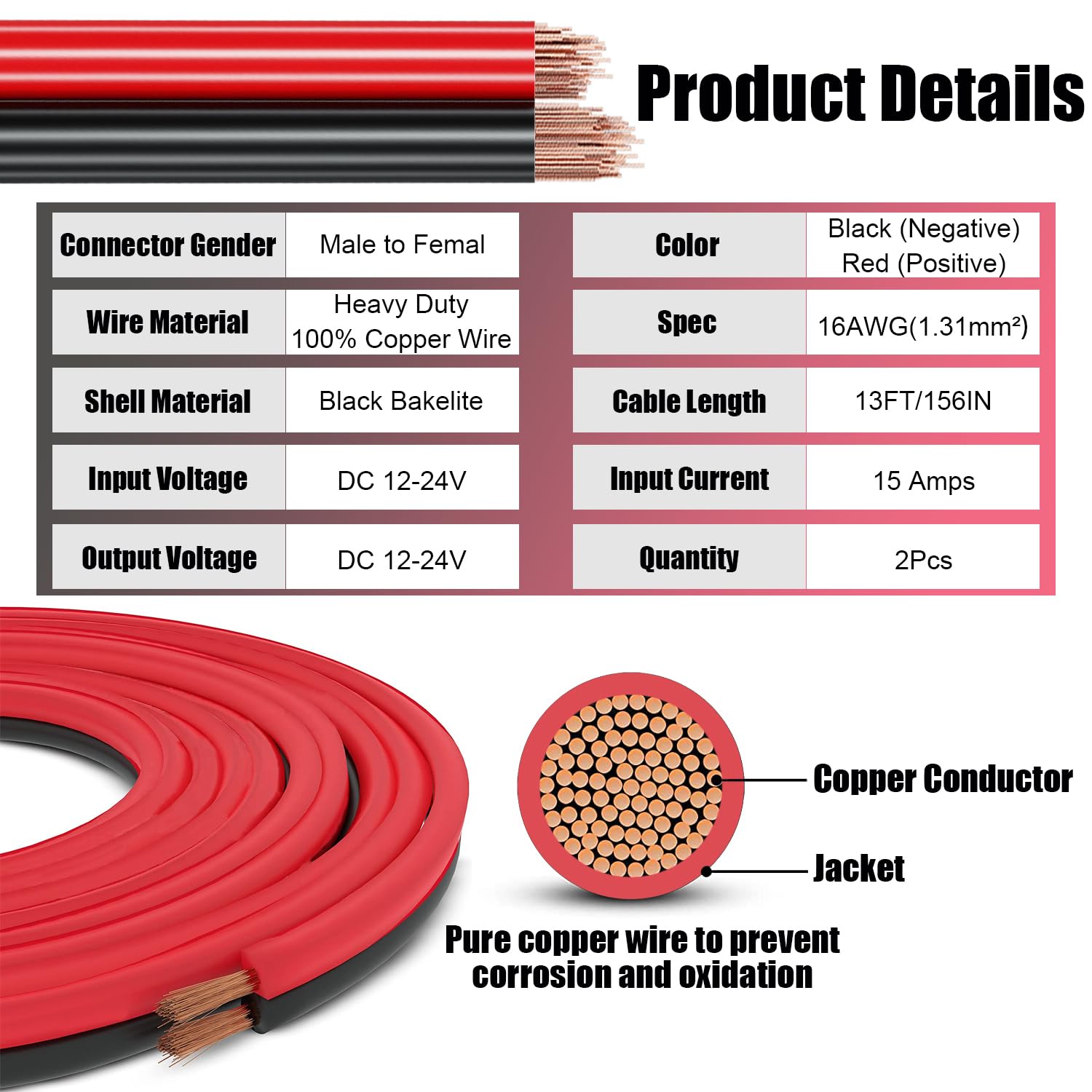 2Pcs 13Ft 12V/24V Heavy Duty Cigarette Lighter Extension Cable 16Awg, 156W/15A Male Plug To Female Socket Adapter Extension Cord