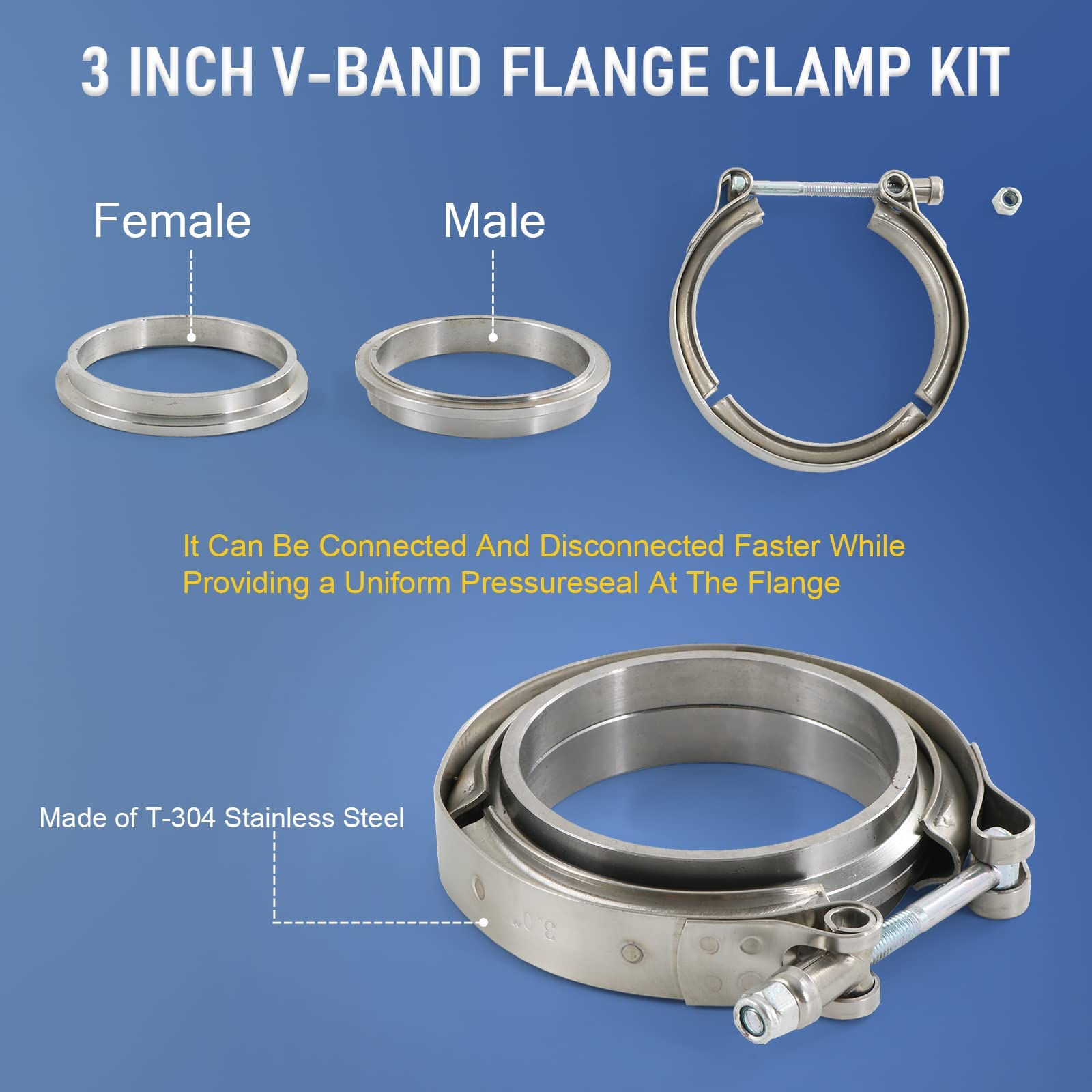 Jdmspeed New 3' V-Band Flange & Clamp Kit 2 Pcs Stainless Steel Replacement For Turbo Exhaust Downpipes (2)