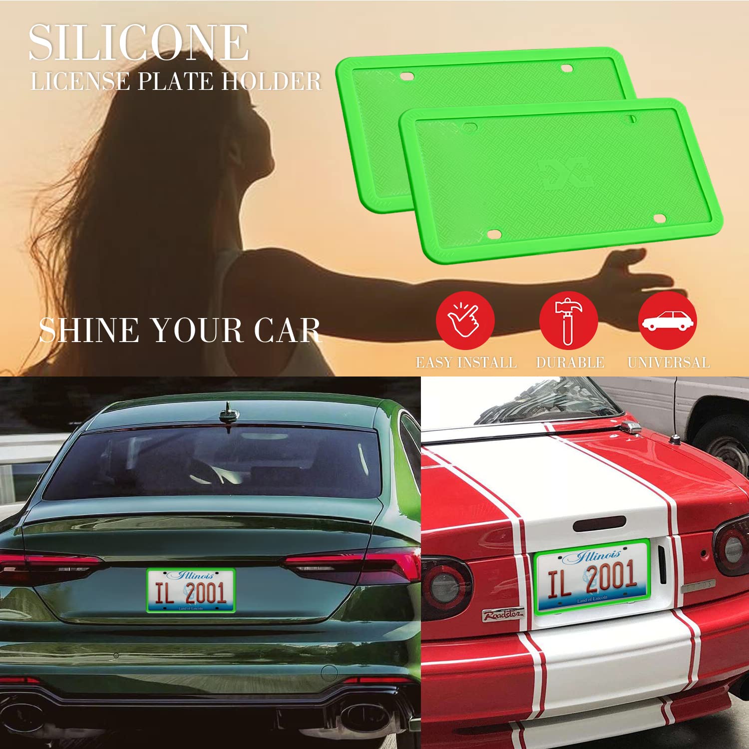 Xclpf Silicone Green License Plate Frame Covers 2 Pack- Front And Back Car Plate Bracket Holders. Rust-Proof, Rattle-Proof, Weat