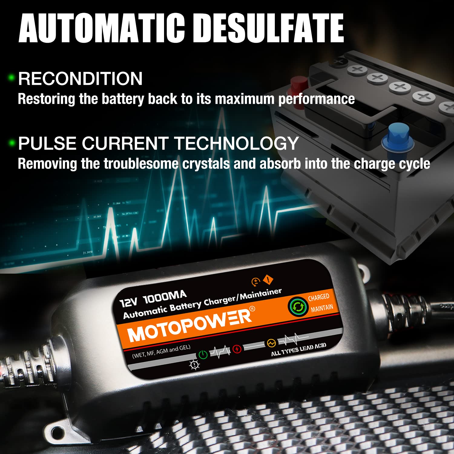 Motopower Mp00205B 12V 1000Ma Automatic Battery Charger, Battery Maintainer, Trickle Charger, And Battery Desulfator With Timer Protection - Black Edition