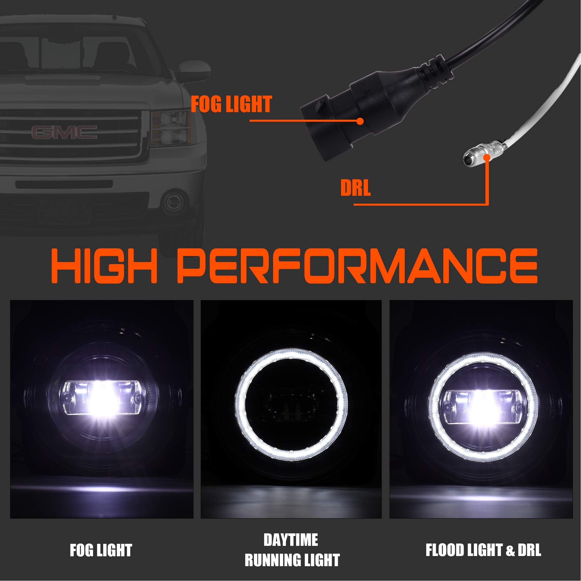 DRFG LED Fog Light Kit with DRL for 2007-2013 GMC Sierra 1500/2500HD/3500HD - White Fog Lamps Assembly