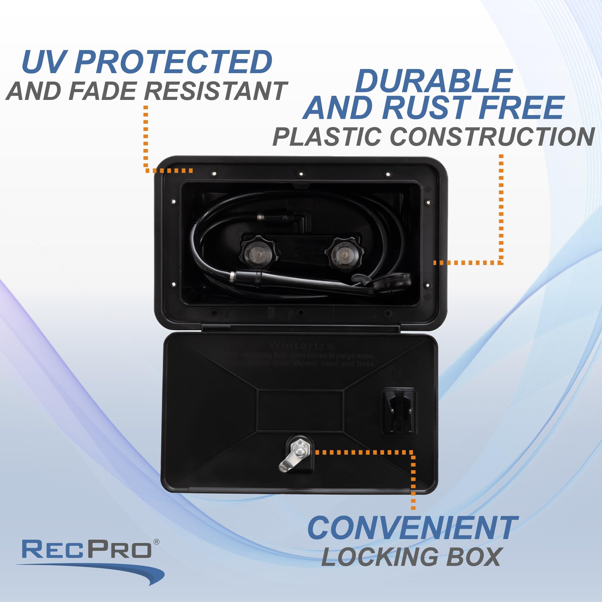 RecPro RV Exterior Shower Box Kit - Black Vinyl Faucet & Hose for Campers, Model 1308B