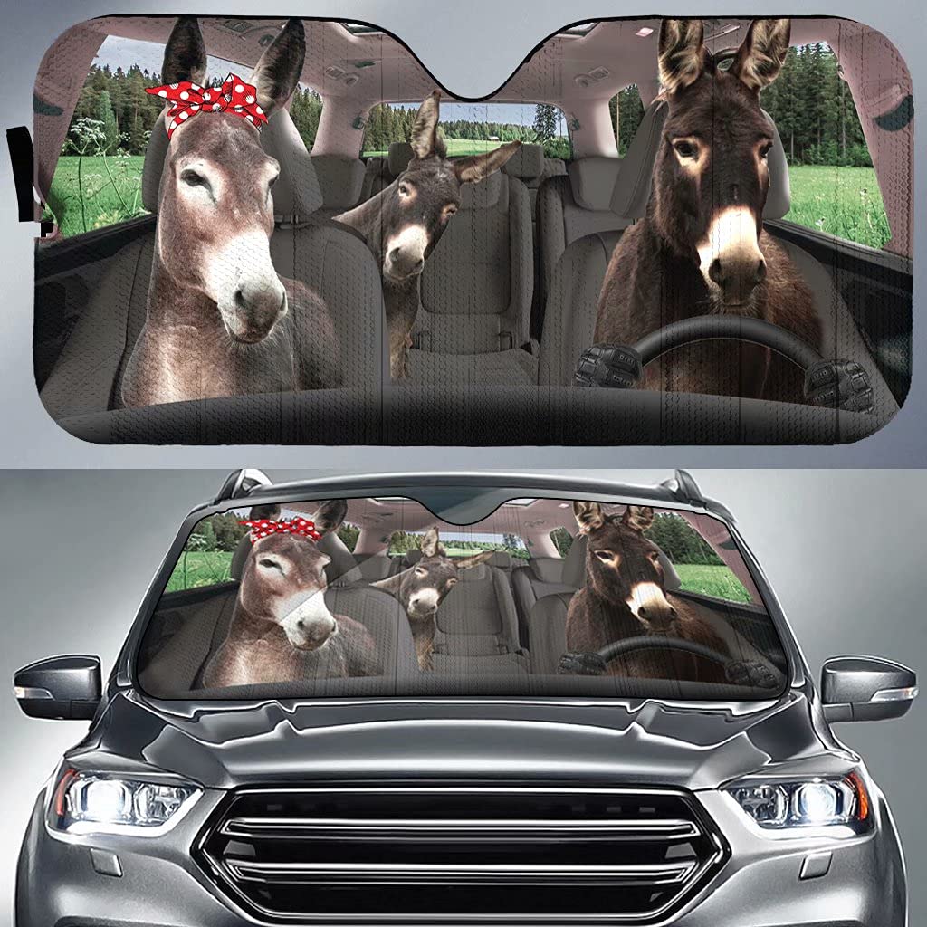 Donkey Family Car Windshield Sun Shade,Funny Animal Sunshield Blocks UV Rays Foldable Sun Visor Protector,Donkey Auto Sun Blocke