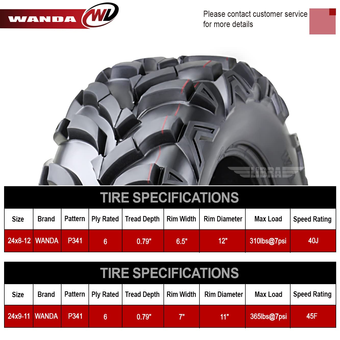WANDA ATV/UTV Tires Set of 4 - 24x8-12 Front & 24x9-11 Rear, Nylon, Model ATV24S4P341