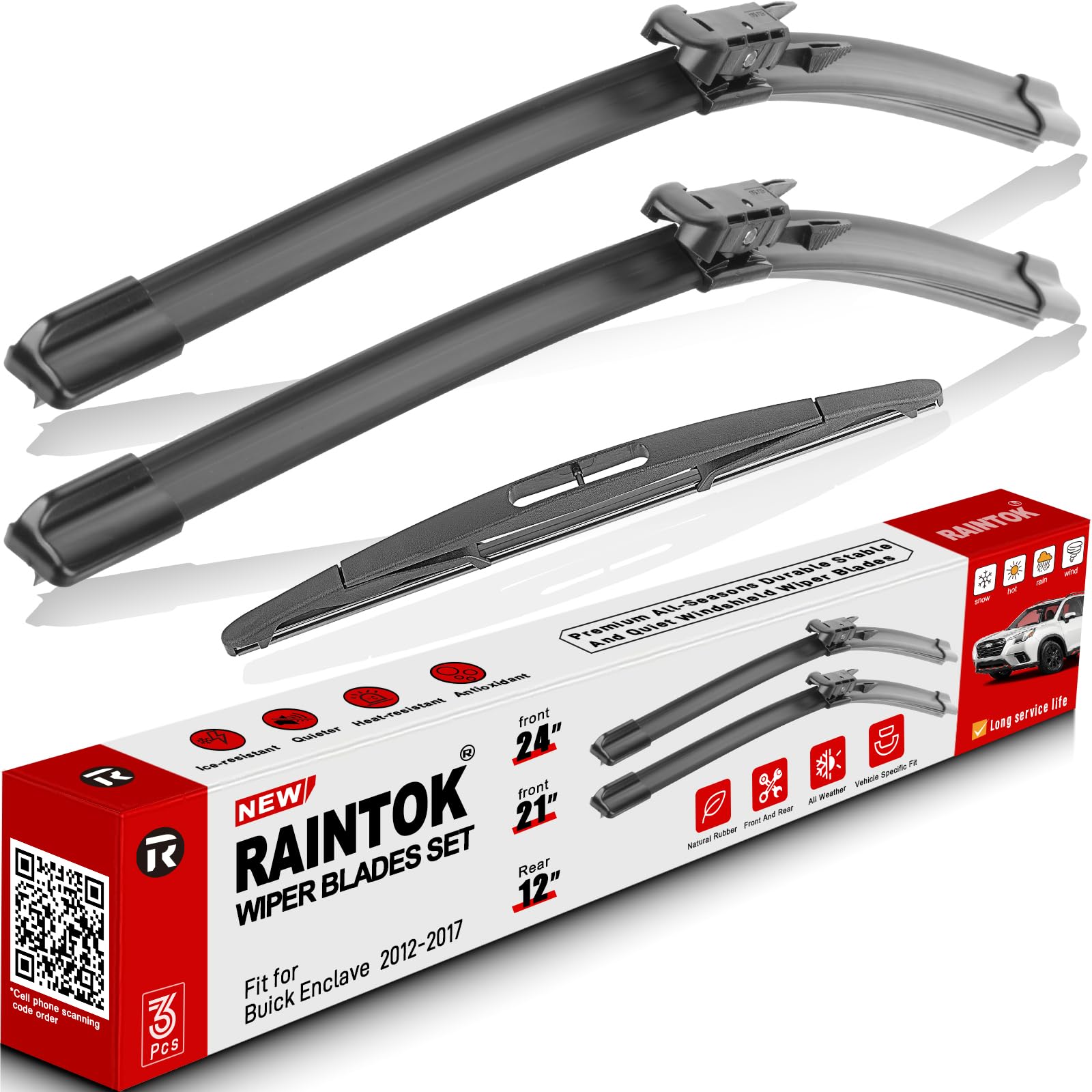 Raintok Windshield Wiper Blades Set for Buick Enclave 2012-2017, 24"/21"/12" Rubber Front & Rear Replacement Wipers, Original Quality