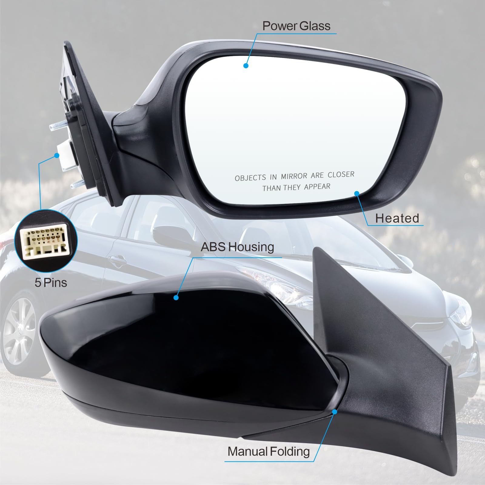Right Passenger Side Mirror Compatible With 2011 2012 2013 Hyundai Elantra With Manual folding Power Glass Heated Black Replace#
