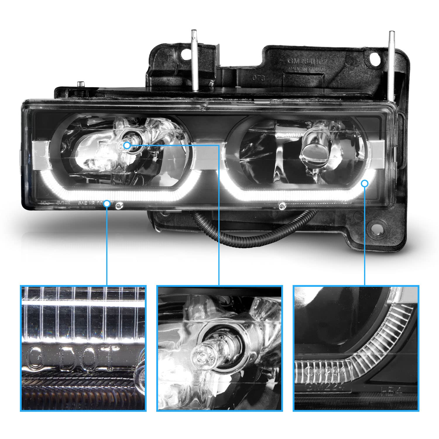 Amerilite Replacement Halogen Headlights Led Halo Bar For Chevy/Gmc Fullsize Truck;Suv - Passenger And Driver Side, Vehicle Light Assembly, Black