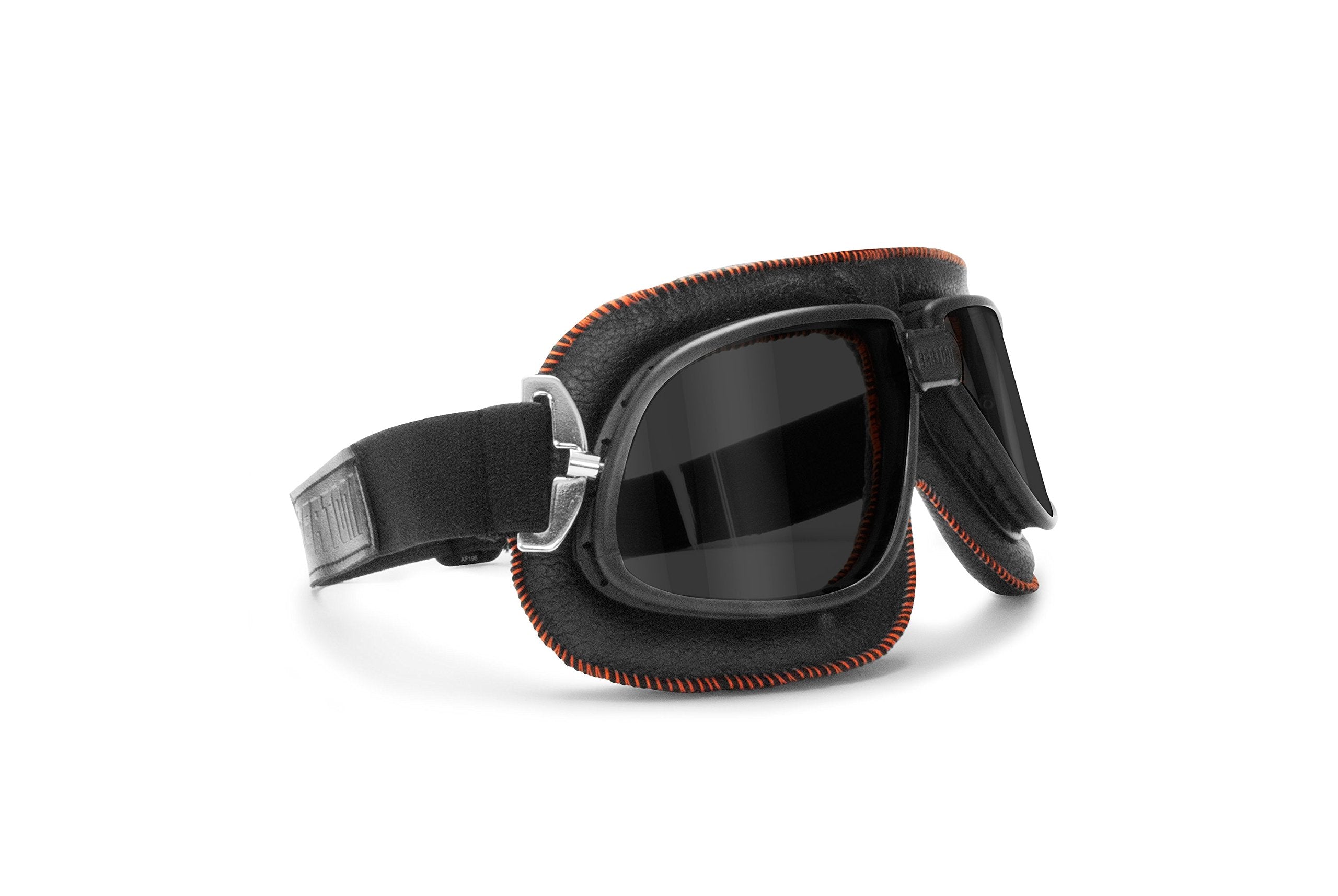 Bertoni Vintage Motorcycle Goggles Dark Lenses Black Leather W Orange Stitching Italy Af196A Motorbike Aviator Goggles