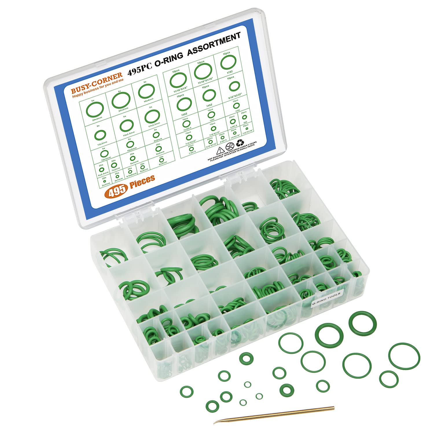 BUSY-CORNER 495 Pieces SAE Metric O Ring Kit with O-Ring Pick & Installation Tools Rubber Washer Orings for A/C Professional Plu