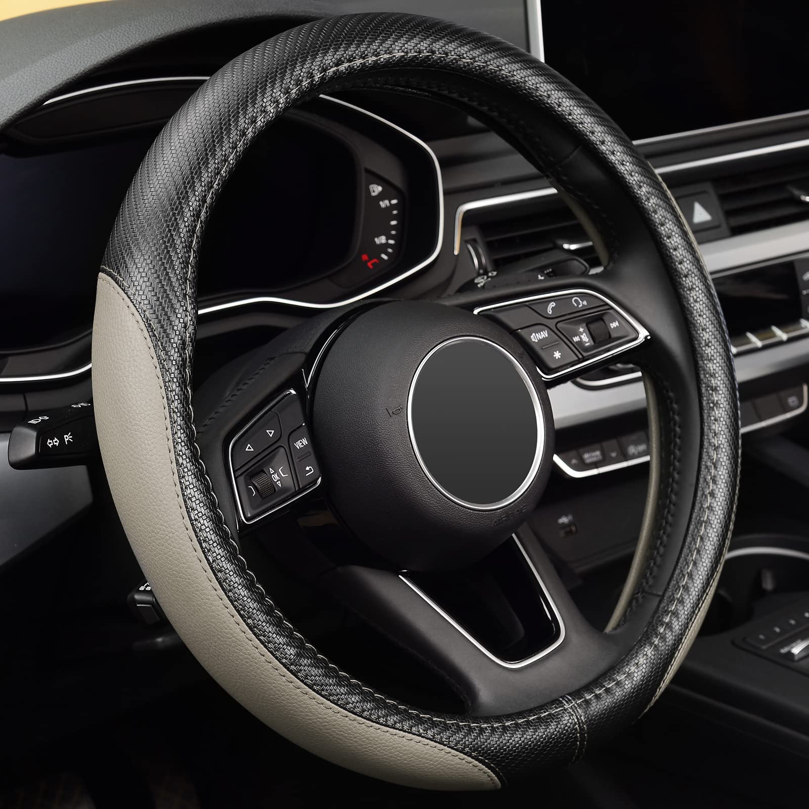 Labbyway Microfiber Leather Auto Car Steering Wheel Cover, Universal 15 Inch Anti-Slip Wheel Protector, Grey