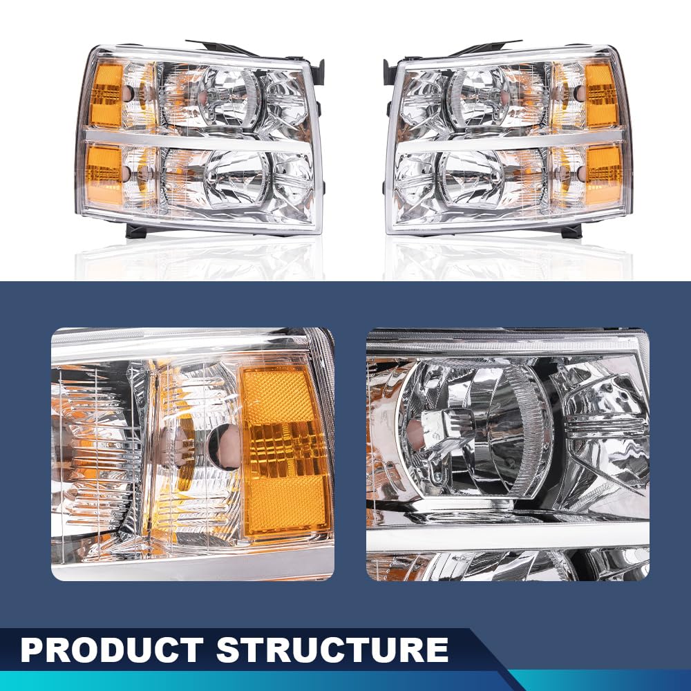 PIT66 Headlight Assembly Pair for Chevy Silverado 1500 2007-2013, 2500/3500 HD 2007-2014, Clear Lens, Chrome Housing, Amber