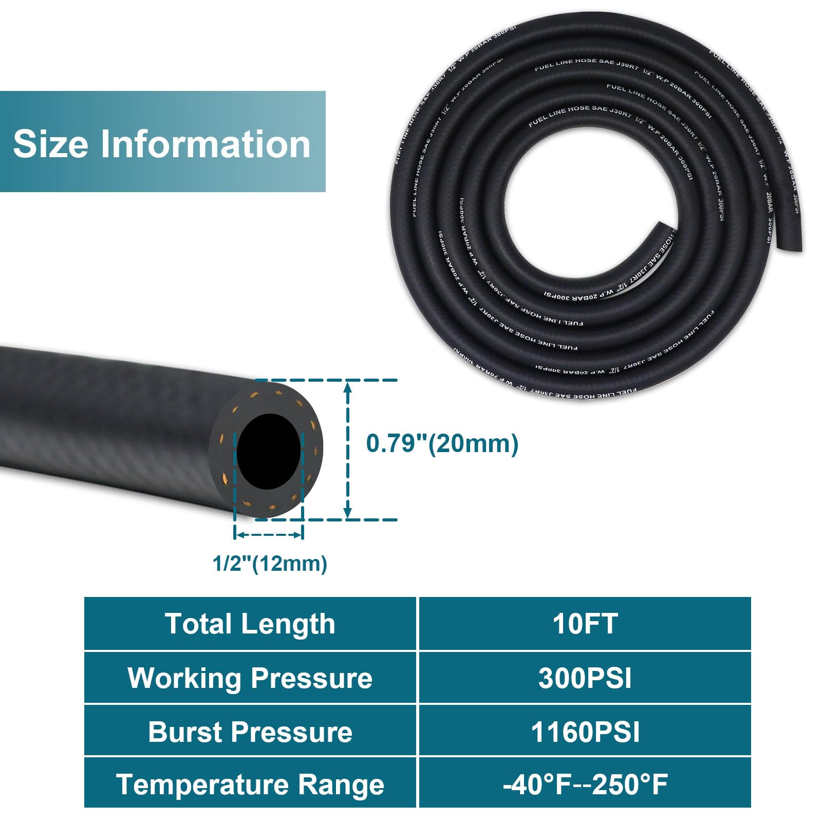 Vwtni 1/2 Fuel Line, Fuel Line Hose 10 Feet, Nbr Rubber Gasoline Tube.