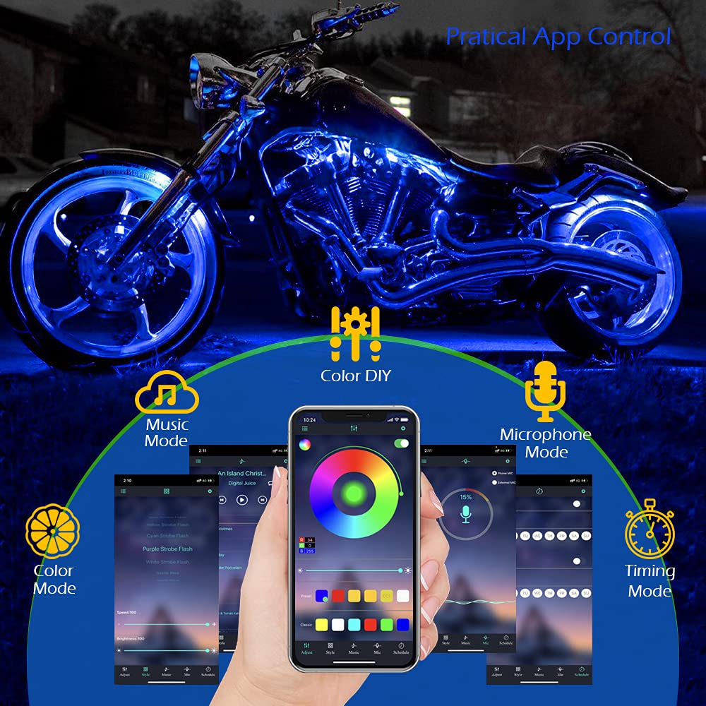 Brightronic Motorcycle LED Light Kits - 10 Pcs Multicolor Waterproof Strip Lights, App Control, Music Sync, Model AML-2-10