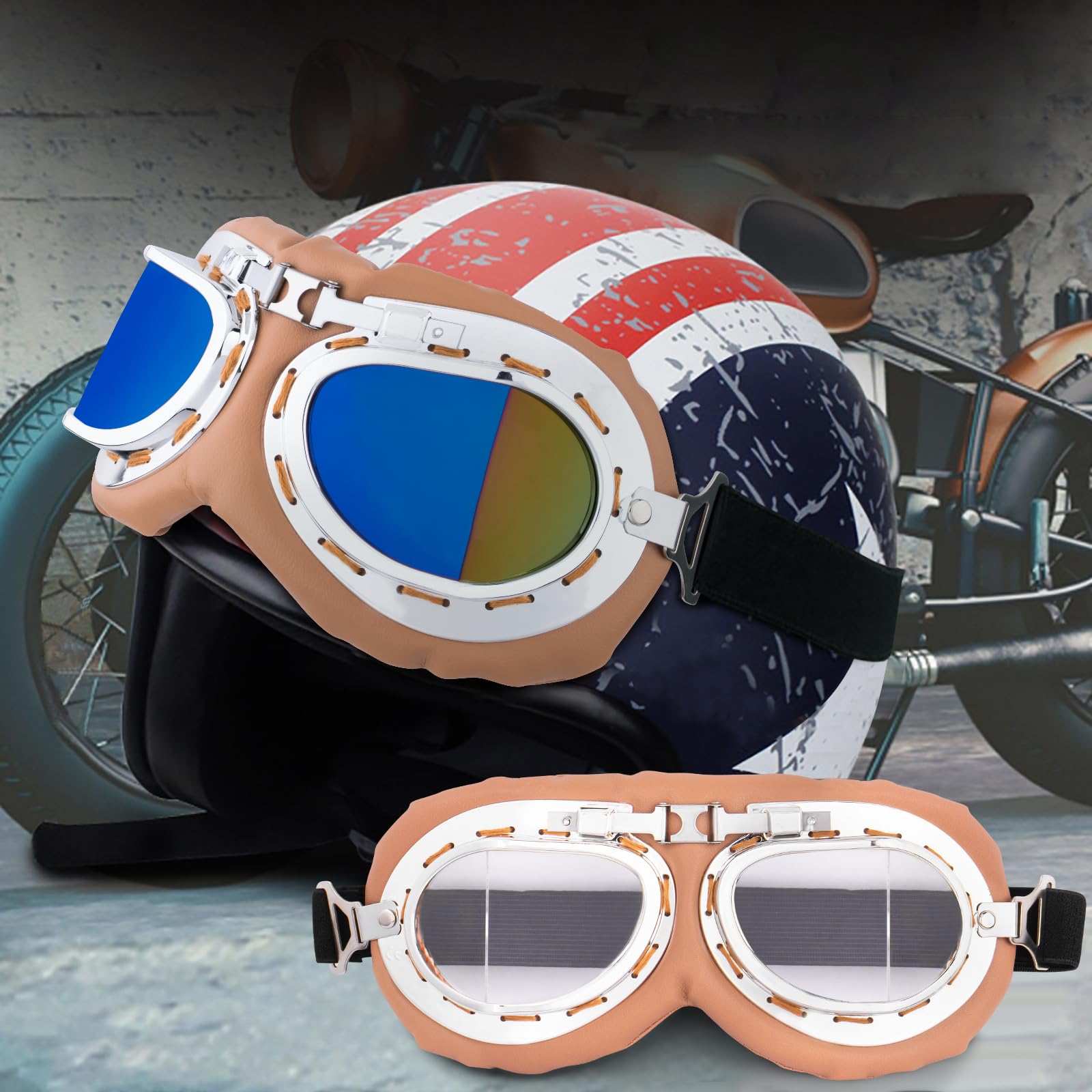 Peicees Vintage Helmet Goggles Motorcycle Goggles Bike Motorcross Pilot Goggle, Copper Silver-Clear