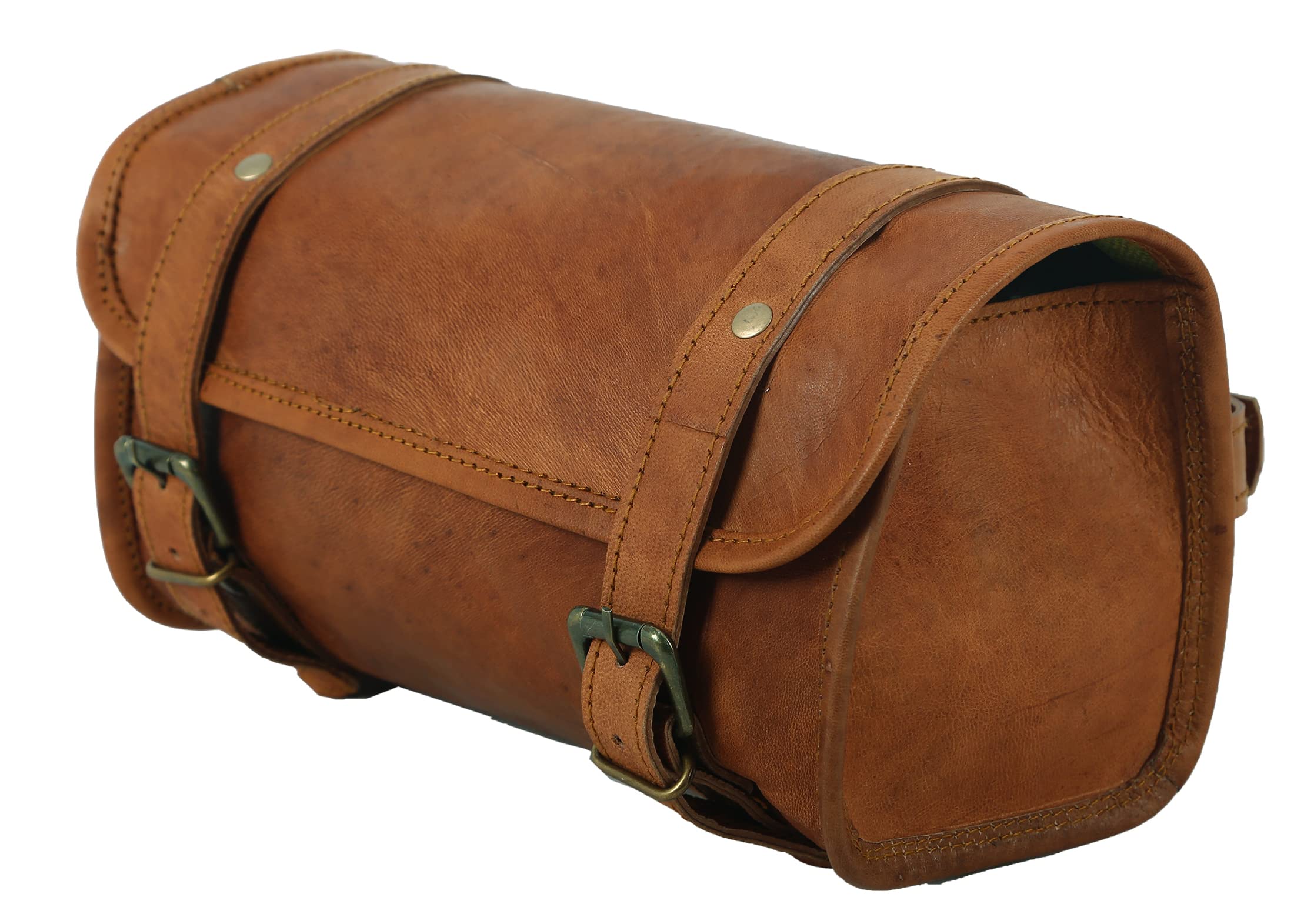 Urooj Handicraft Genuine Goat Leather Vintage Motorcycle 2 Strap Buckle Closure Tool Brown Bag Quick Release Clasp Reinforced Fo