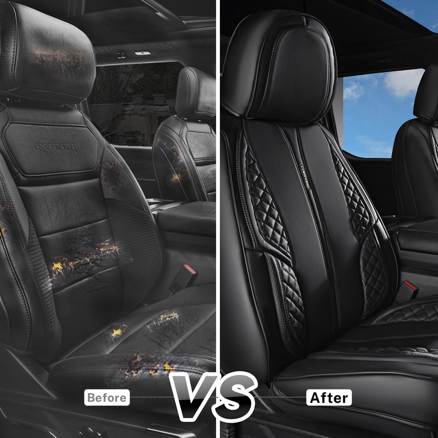 CAR PASS Nappa Leather Car Seat Covers, Waterproof 2 Pack, Black Front, Universal Fit for Sedan SUV Pickup Truck, Model SJ006BB-BK1HF-PUBB2NH22G
