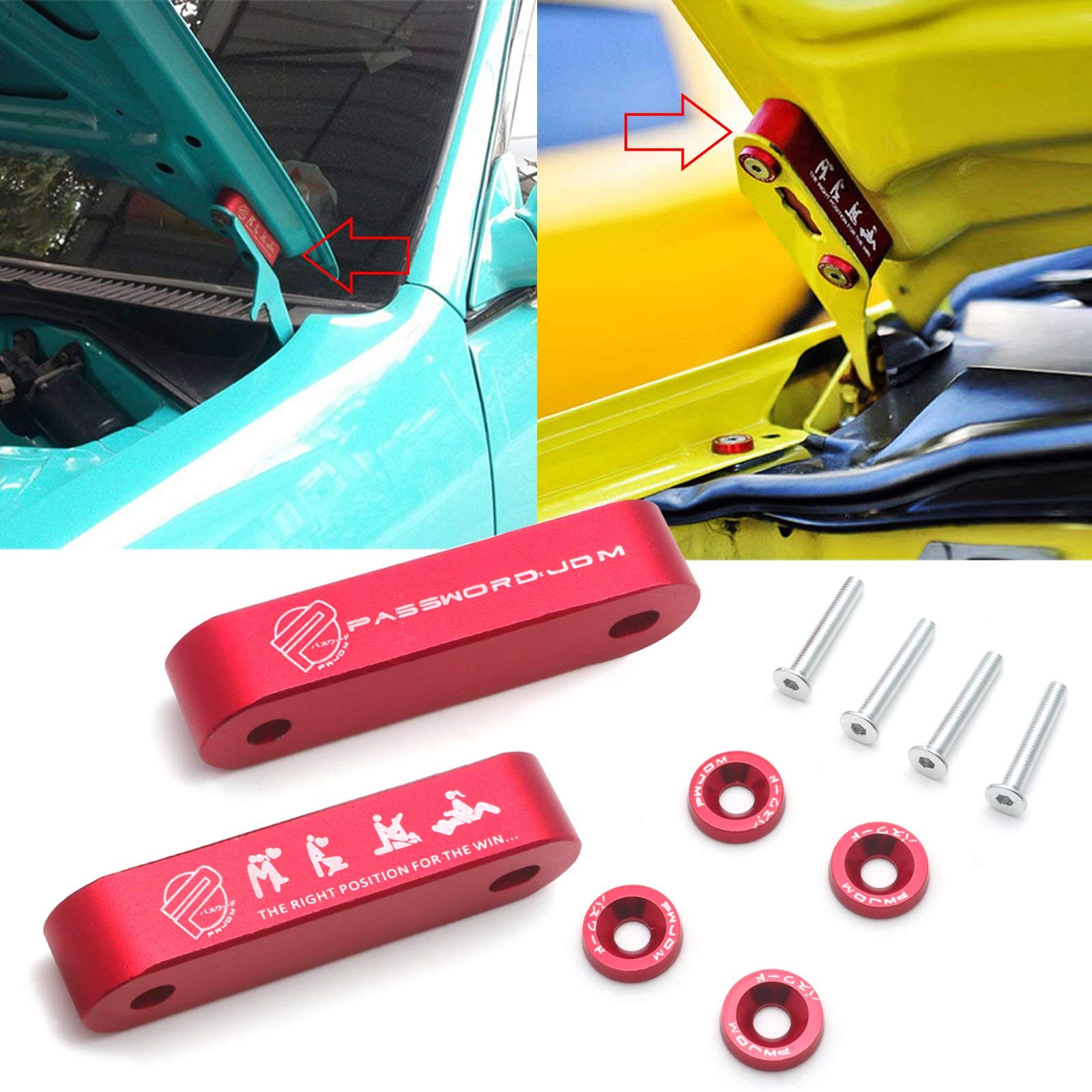 Xotic Tech Jdm Front Hood Vent Space Riser Spacer Modification Kit, Aluminum Alloy Billet Compatible With Honda Civic Crx, Acura