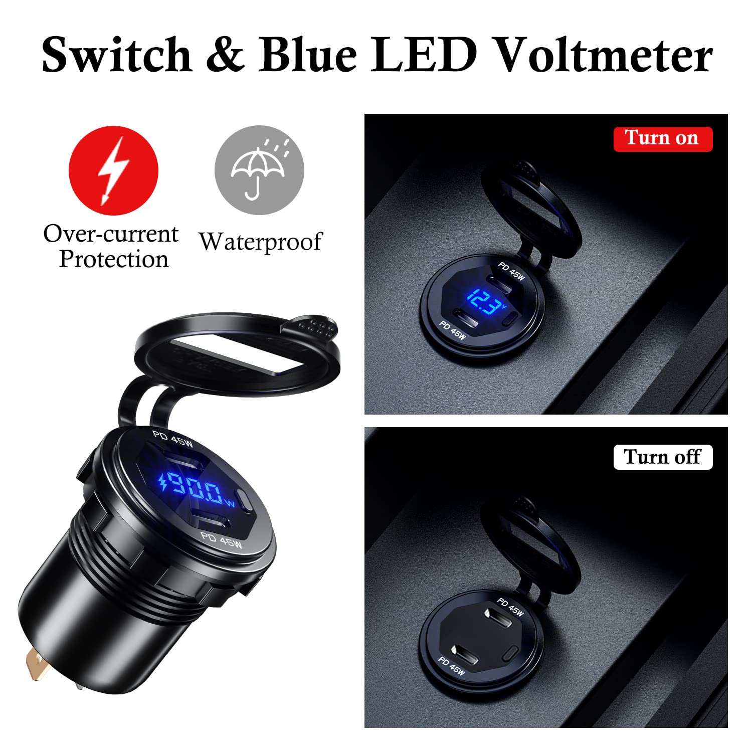 Batige Dual Pd 45W Usb C Charger Socket Fast Charge Dual Pd Usb C Port Waterproof With Switch Led Voltmeter And Wire Fuse Diy Ki