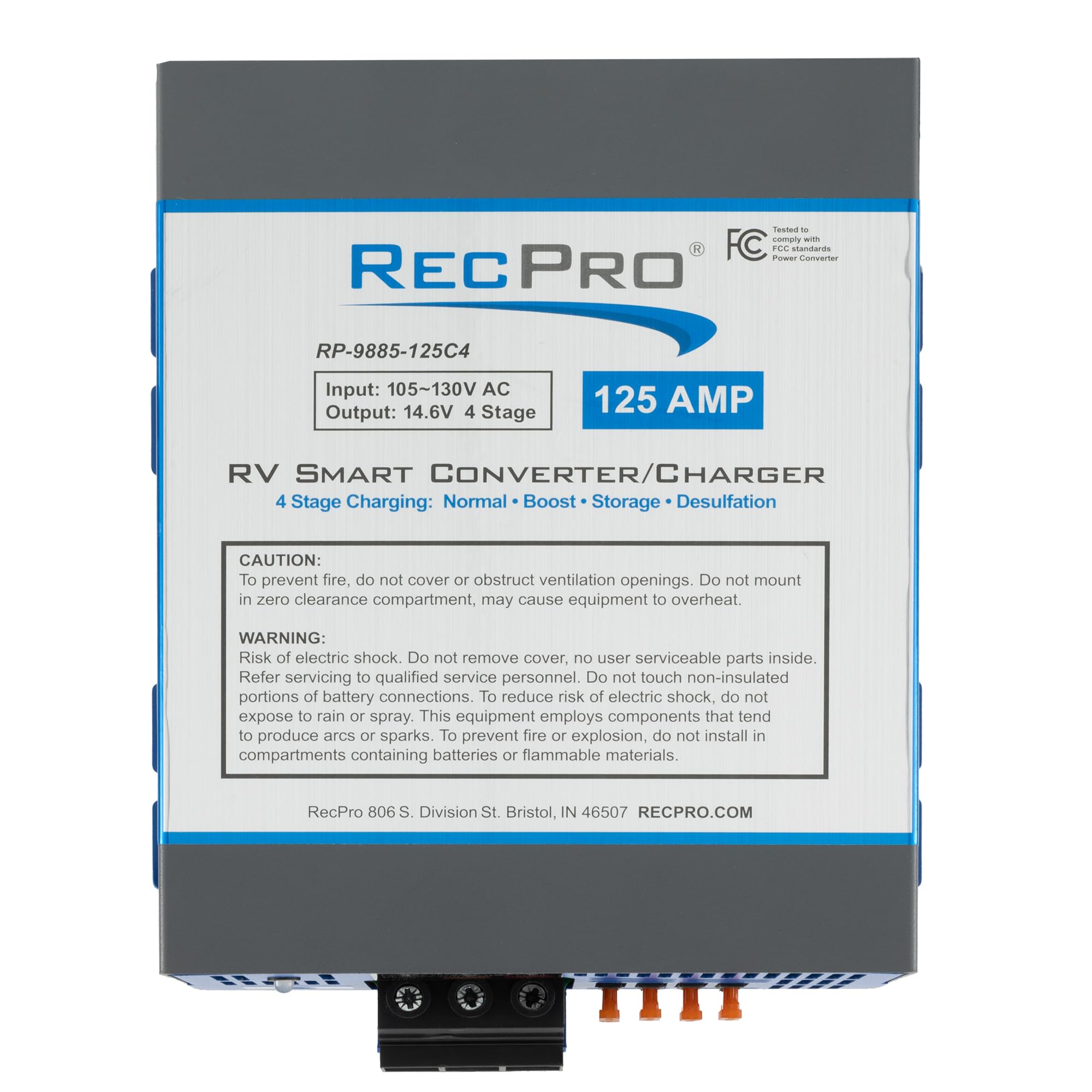 RecPro RV Converter 125 Amp - 4 Stage Smart Charger, 120VAC to 12VDC, Gray, Model RP-9885-125C4