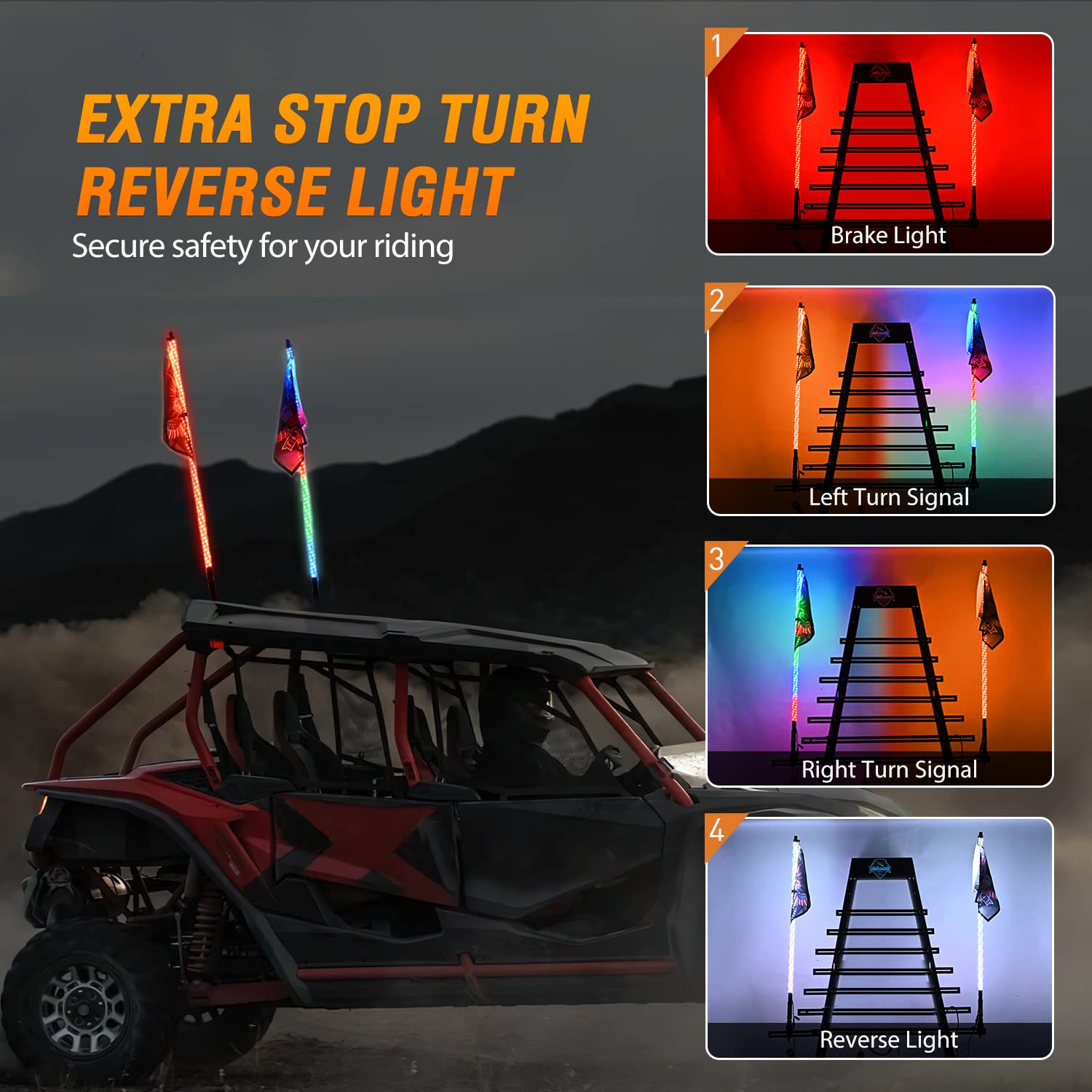 Nilight 2PCS 3FT RGB LED Whip Light, Remote & App Control w/DIY Chasing Patterns Stop Turn Reverse Light Safety Antenna Lighted