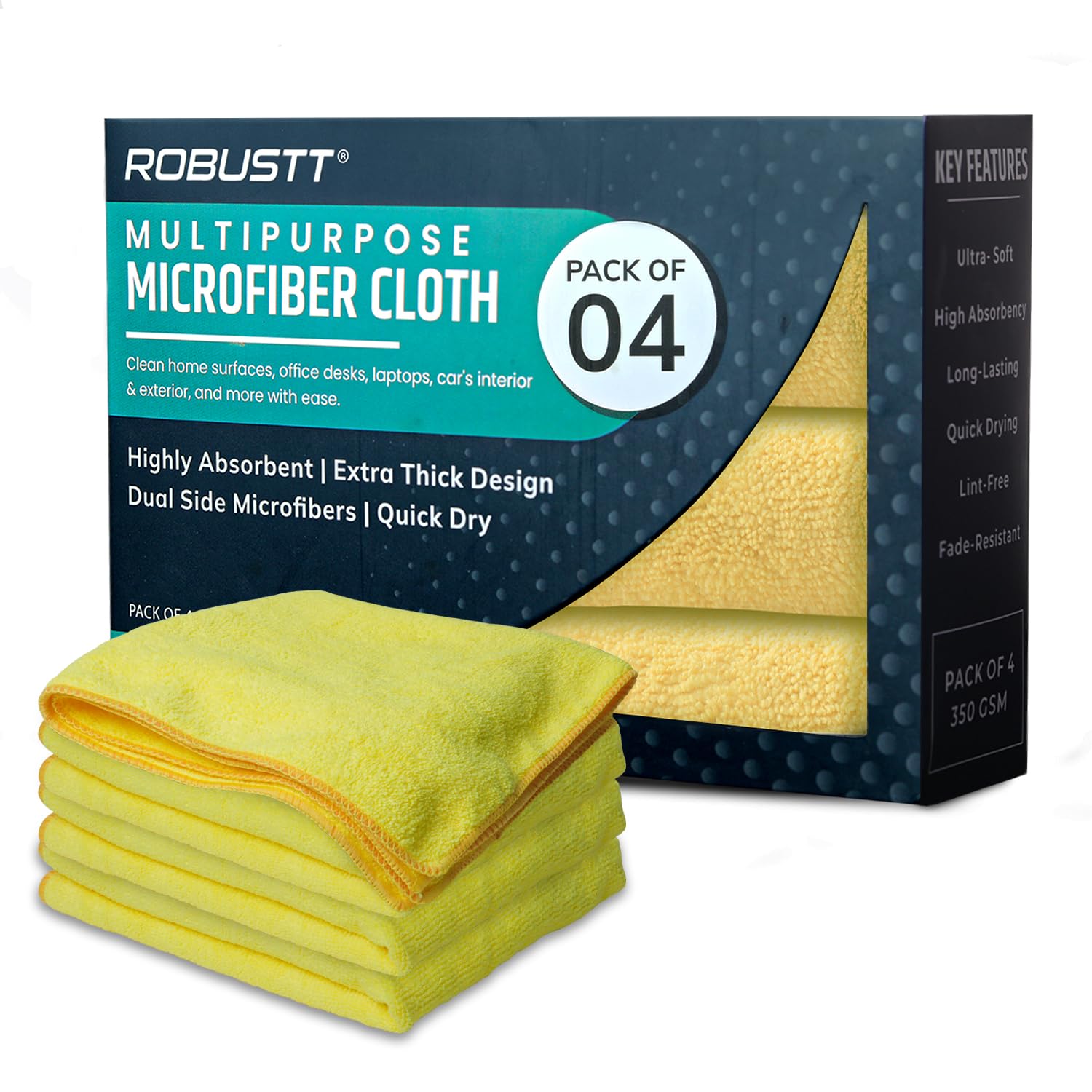 Robustt Microfiber Cloth (Yellow, Pack of 4) 40x40 cms  350 GSM Thick Lint & StreakFree Multipurpose Cloth  Automotive Microf