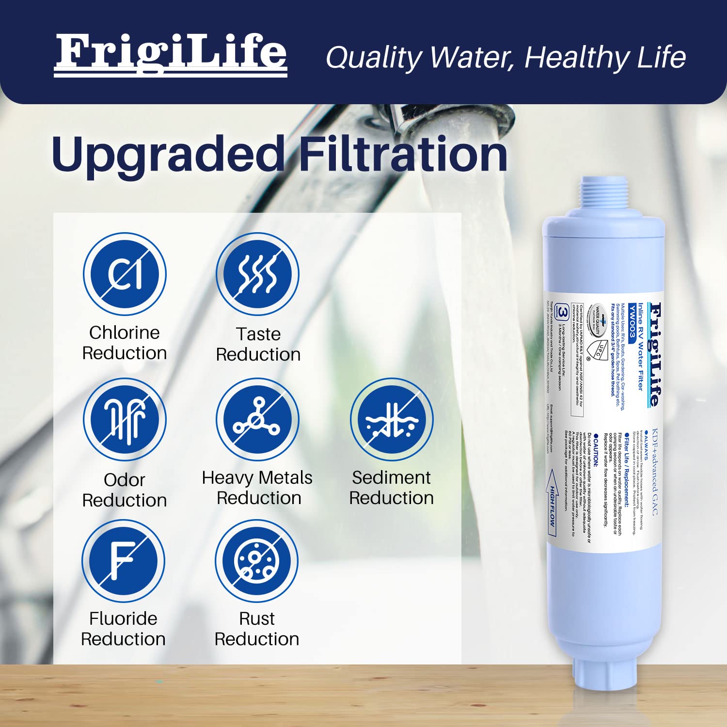 FrigiLife RV Water Filter, NSF/ANSI 42, for RVs Marines, Boats, Campers, for Drinking, Washing, Gardening, Camping, Planting, an
