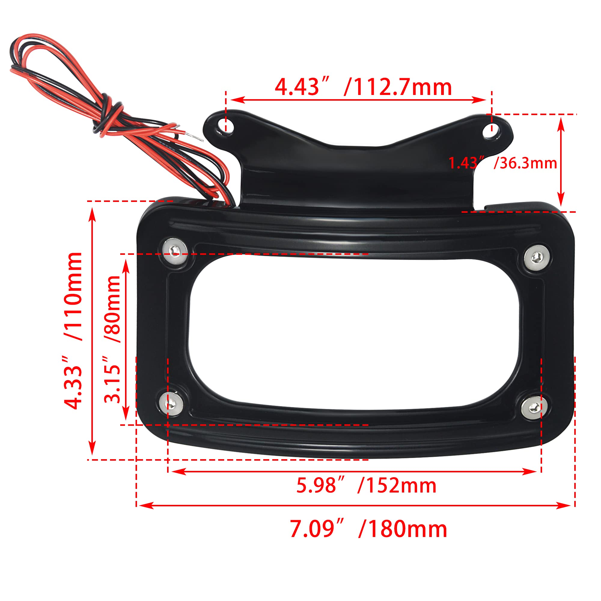 WOWTK Rear Fender Curved License Plate Frame with White LED for Harley Road Glide, Road King, Street Glide (2010-2024), Black, Metal