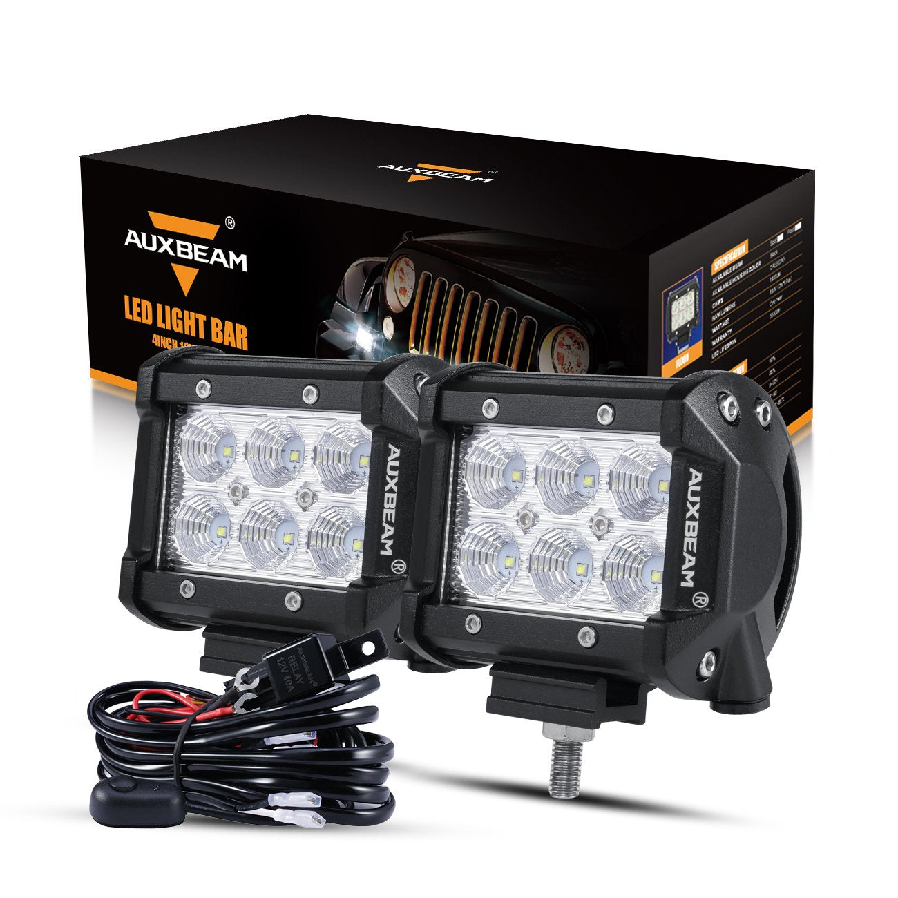Auxbeam 4 LED Pods 18W LED Light Bar Flood Beam LED Off Road Driving Lights with Wiring Harness for SUV ATV UTV Trucks Pickup Je