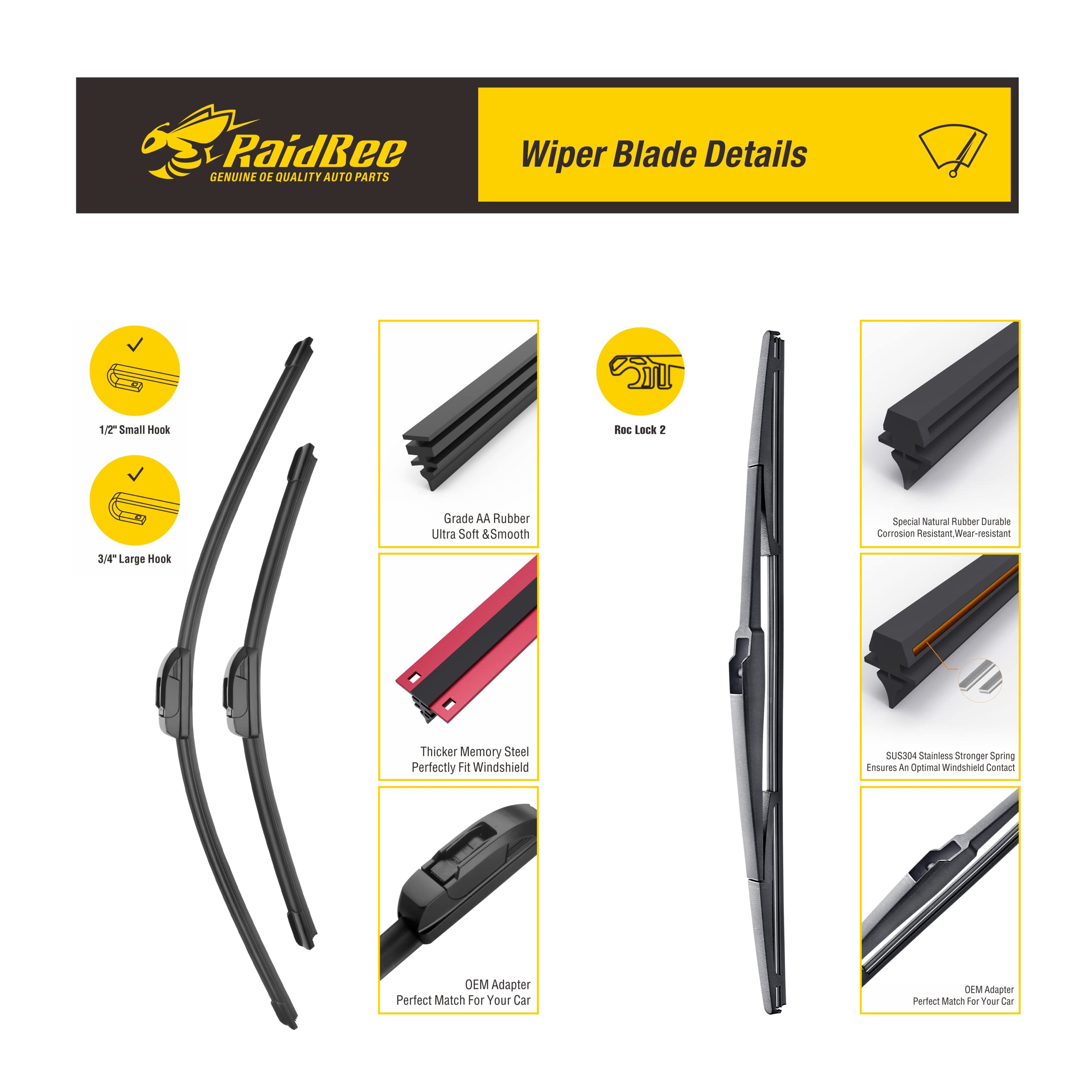 Raidbee Oem Windshield Wipers Blades Replacement For Palisade,Discovery Sport,Lexus Gx460,Highlander Front & Rear Wipers For My