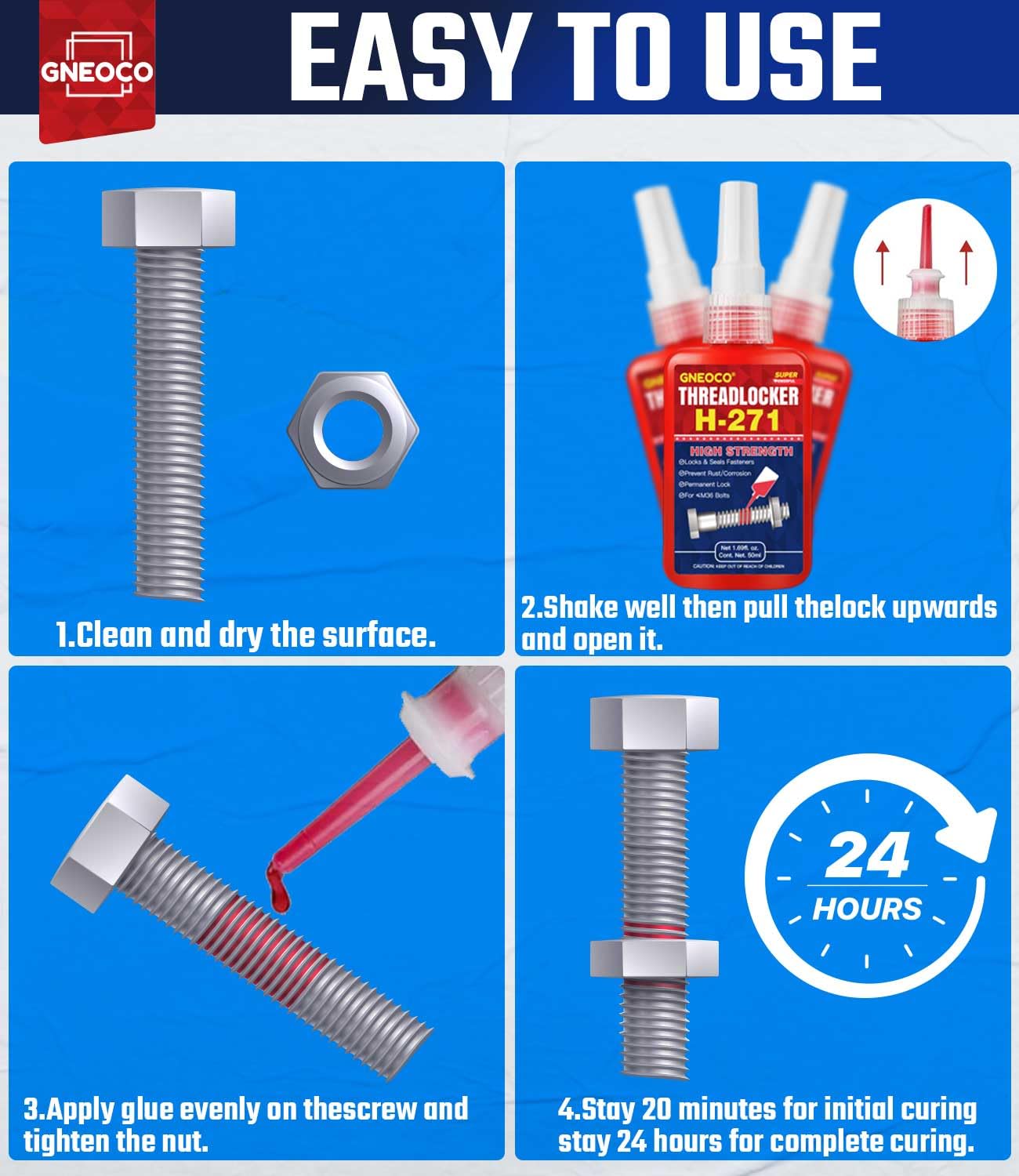 GNEOCO ThreadLocker Red 271, High Strength Lock Tight, 1.69 Fl oz, Anaerobic Metal Glue for Nuts, Bolts, and Fasteners