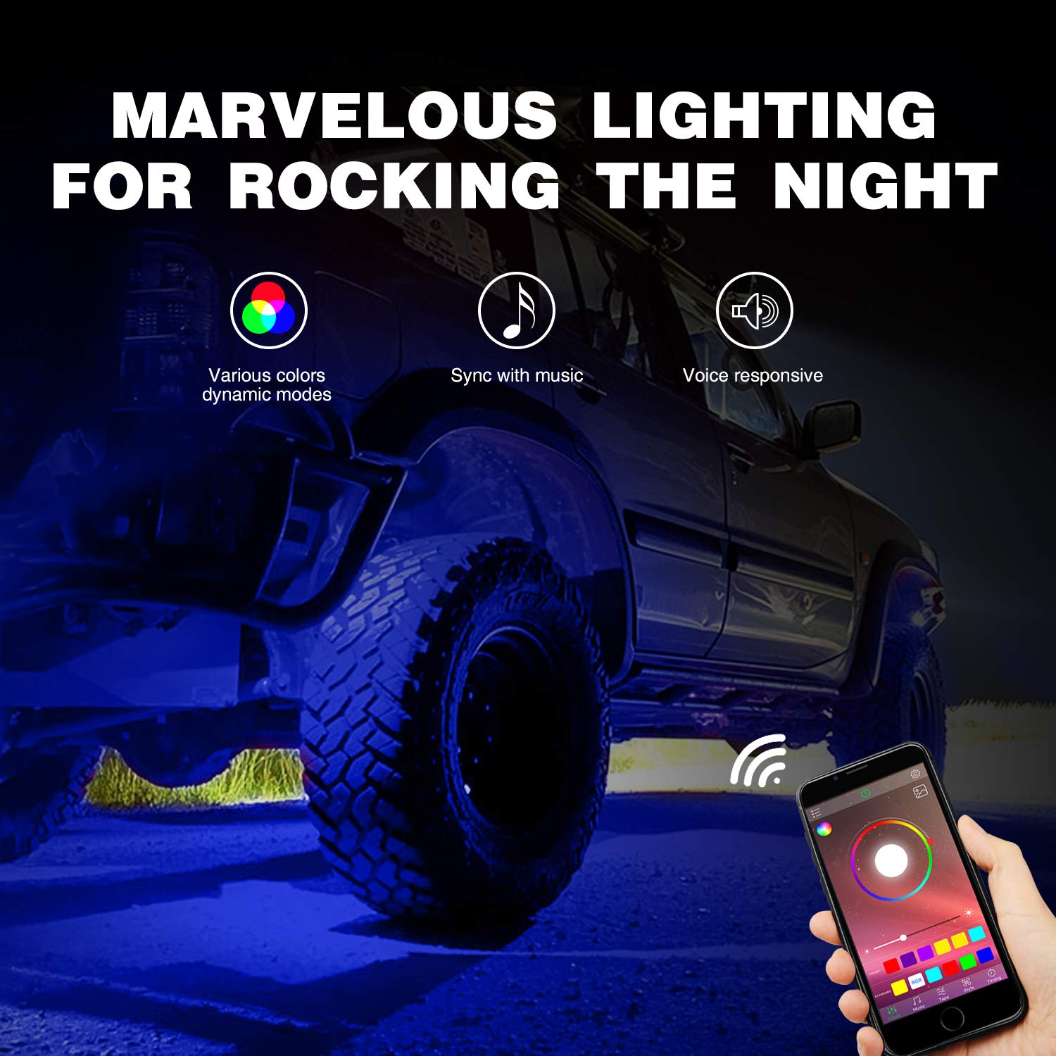 Nilight RGB LED Rock Lights Kit - 4 Pod Multicolor Underglow Light with Bluetooth Control for Truck ATV UTV RZR SUV - Black, Aluminum
