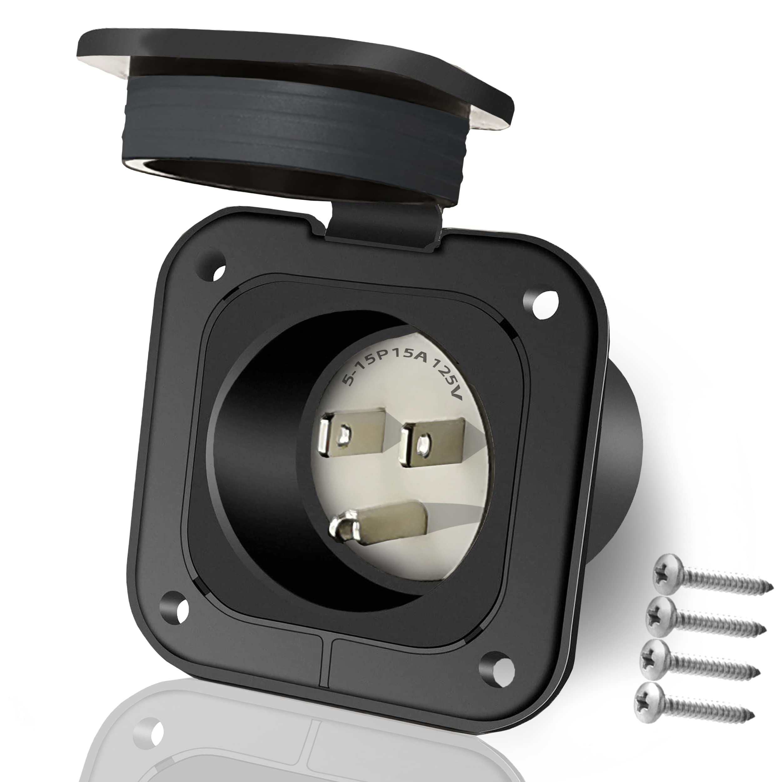 15 Amp Inlet, Shore Power Flanged Receptacle, 15A 125V Recessed Male Outlet, NEMA 5-15 AC Port Plug with Waterproof Covers, Exte