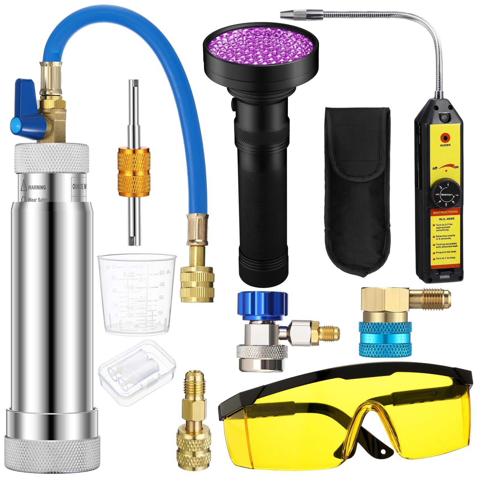 Tellegloww Ac Leak Detector Kit for R1234yf R134a R410a Ac Oil UV Dye Injector Kit Refrigerant Leak Detector Tool Low Side Quick